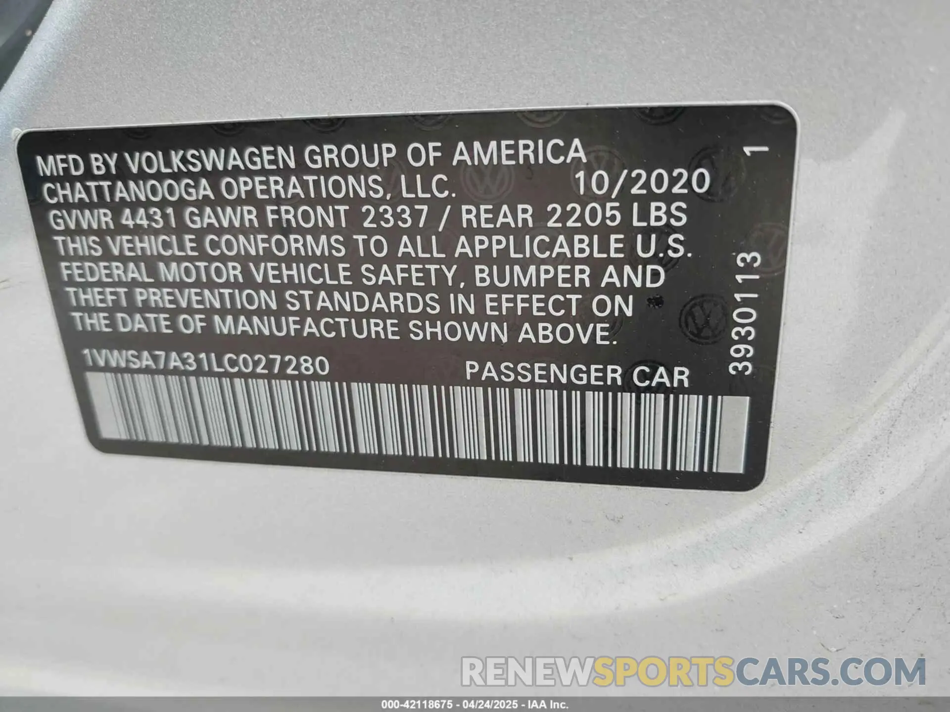 9 fotografías del automóvil dañado 1VWSA7A31LC027280 VOLKSWAGEN PASSAT 2020