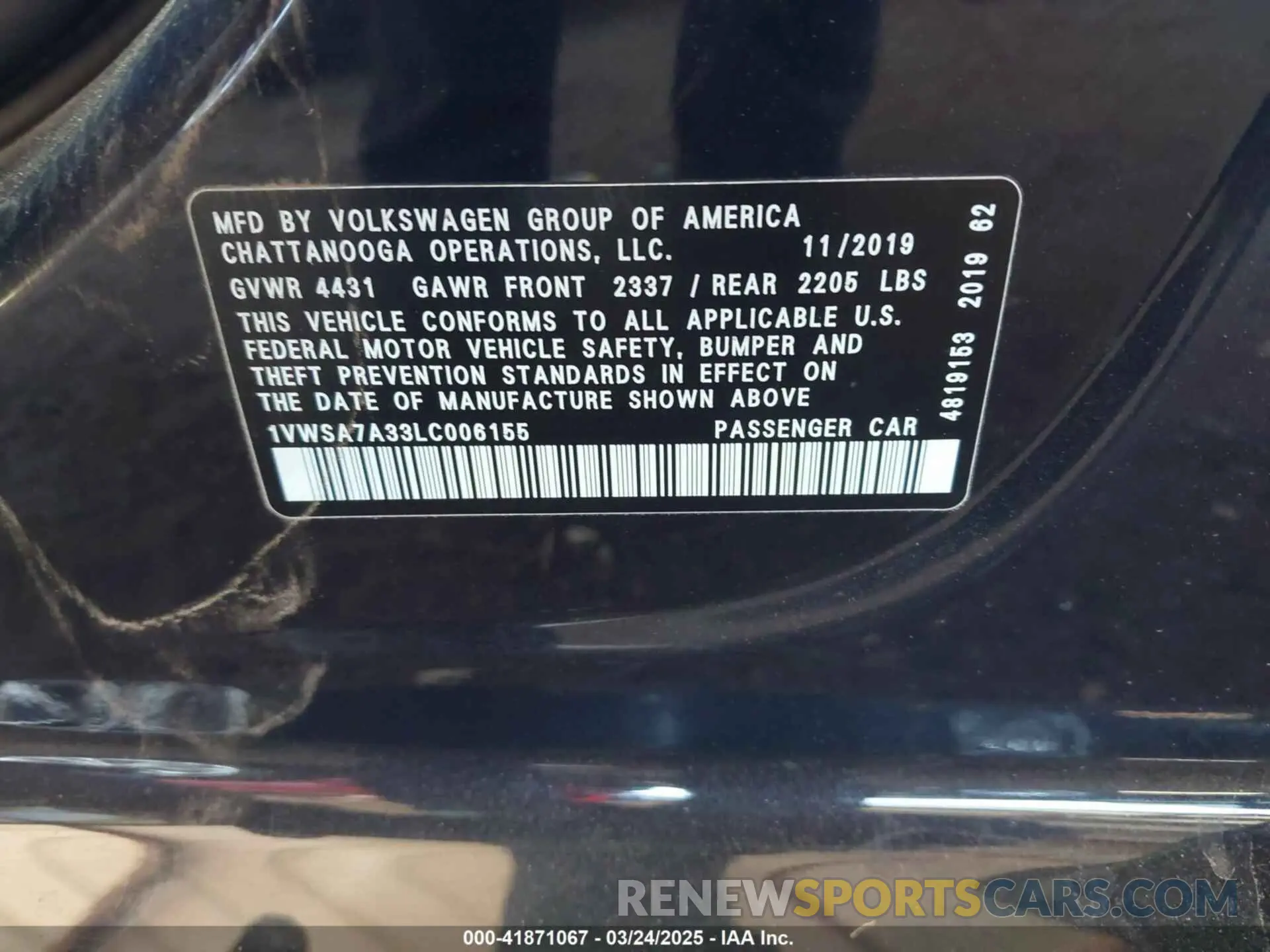 9 fotografías del automóvil dañado 1VWSA7A33LC006155 VOLKSWAGEN PASSAT 2020