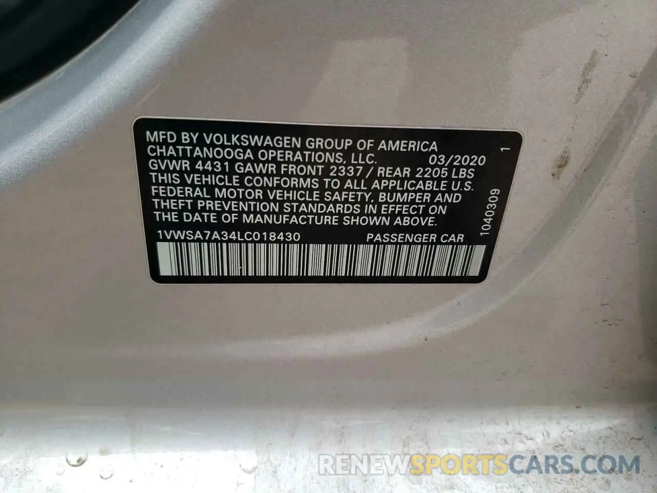 12 fotografías del automóvil dañado 1VWSA7A34LC018430 VOLKSWAGEN PASSAT 2020