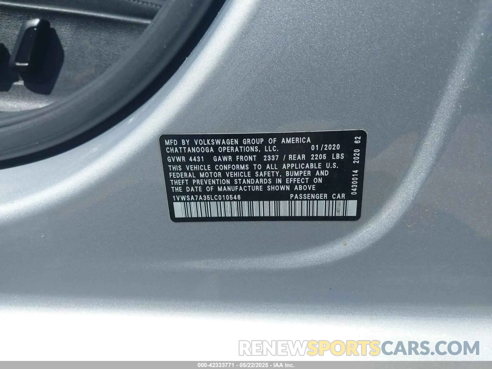 9 fotografías del automóvil dañado 1VWSA7A35LC010546 VOLKSWAGEN PASSAT 2020