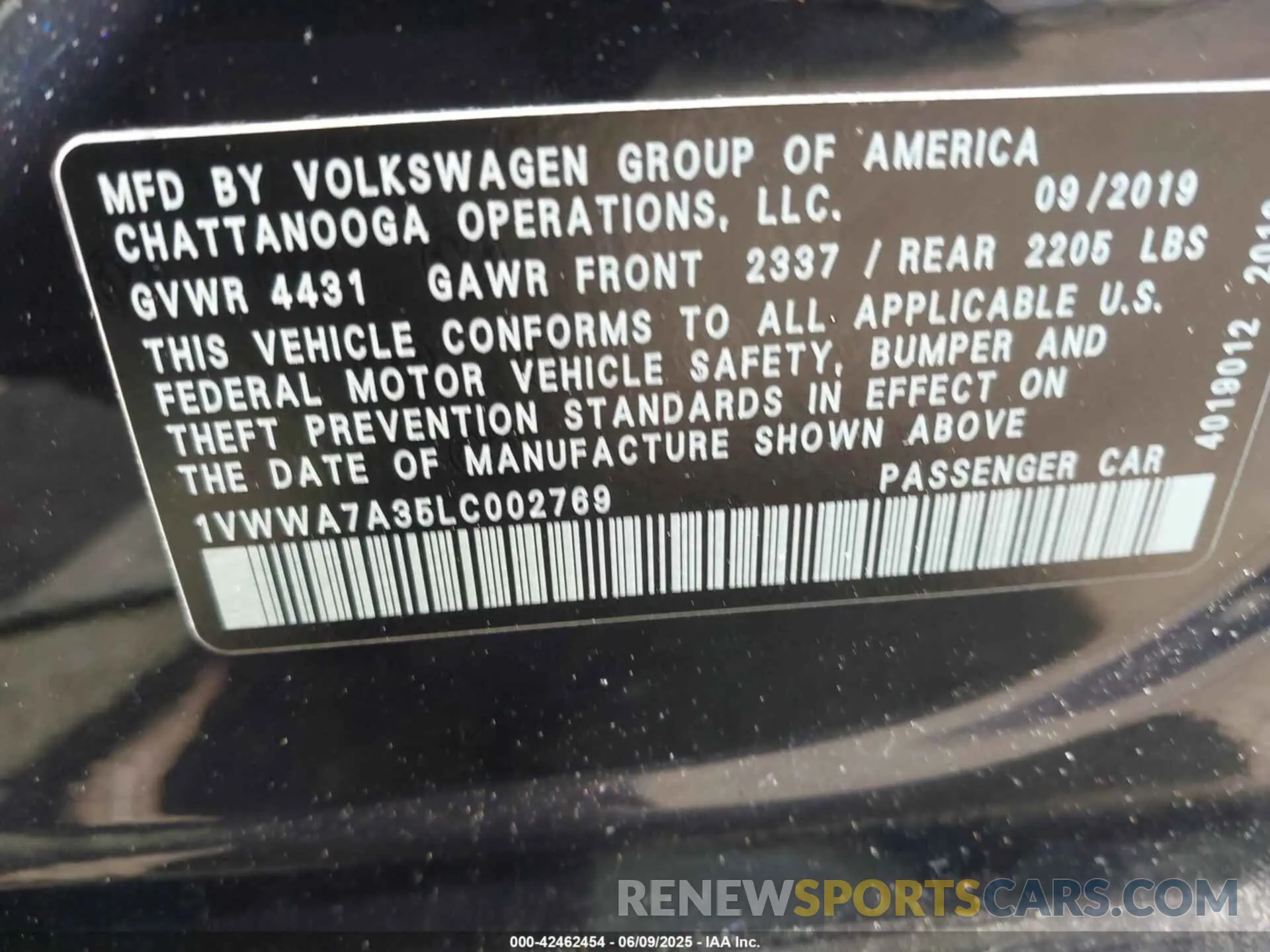 9 fotografías del automóvil dañado 1VWWA7A35LC002769 VOLKSWAGEN PASSAT 2020