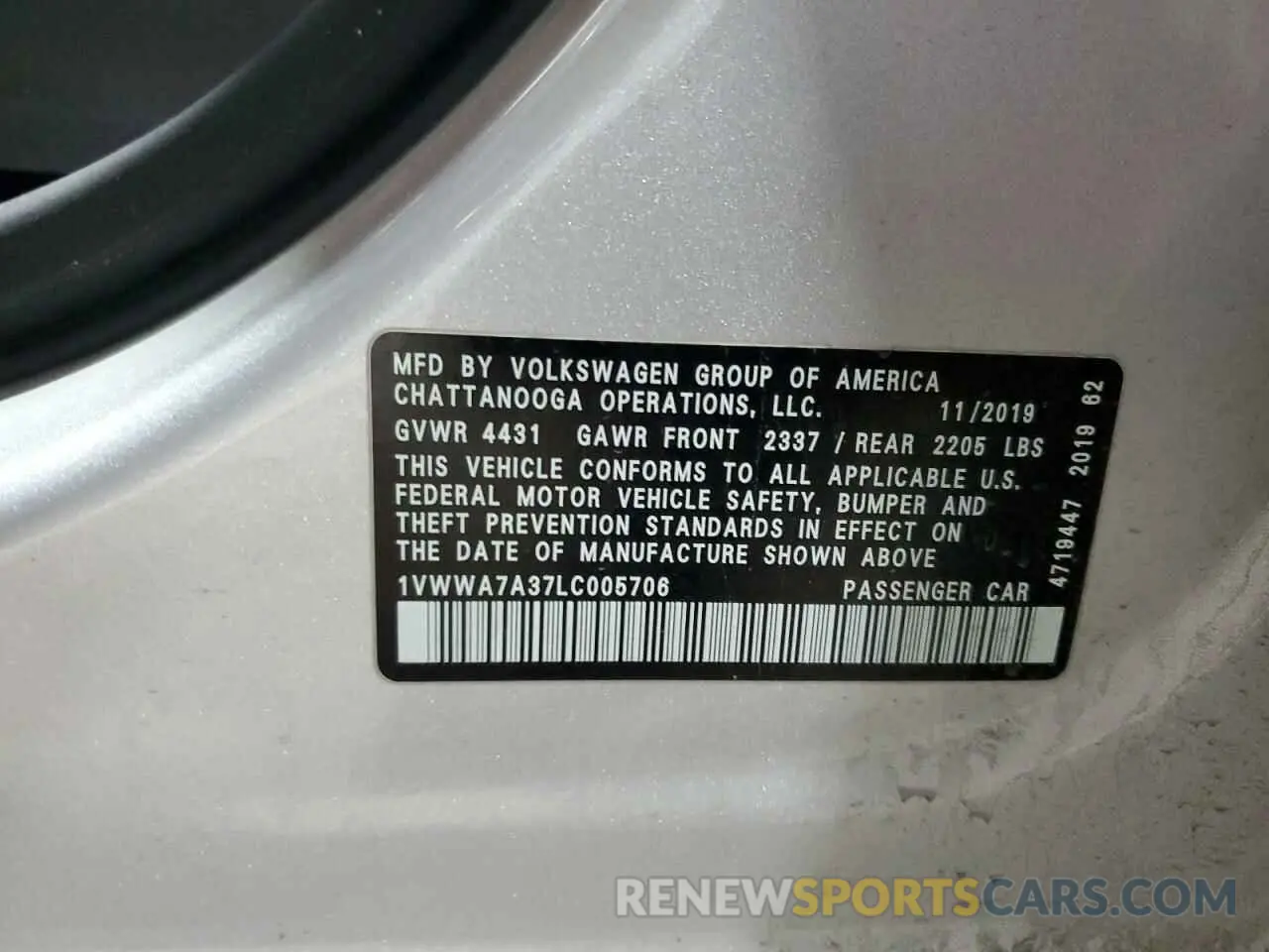 14 fotografías del automóvil dañado 1VWWA7A37LC005706 VOLKSWAGEN PASSAT 2020