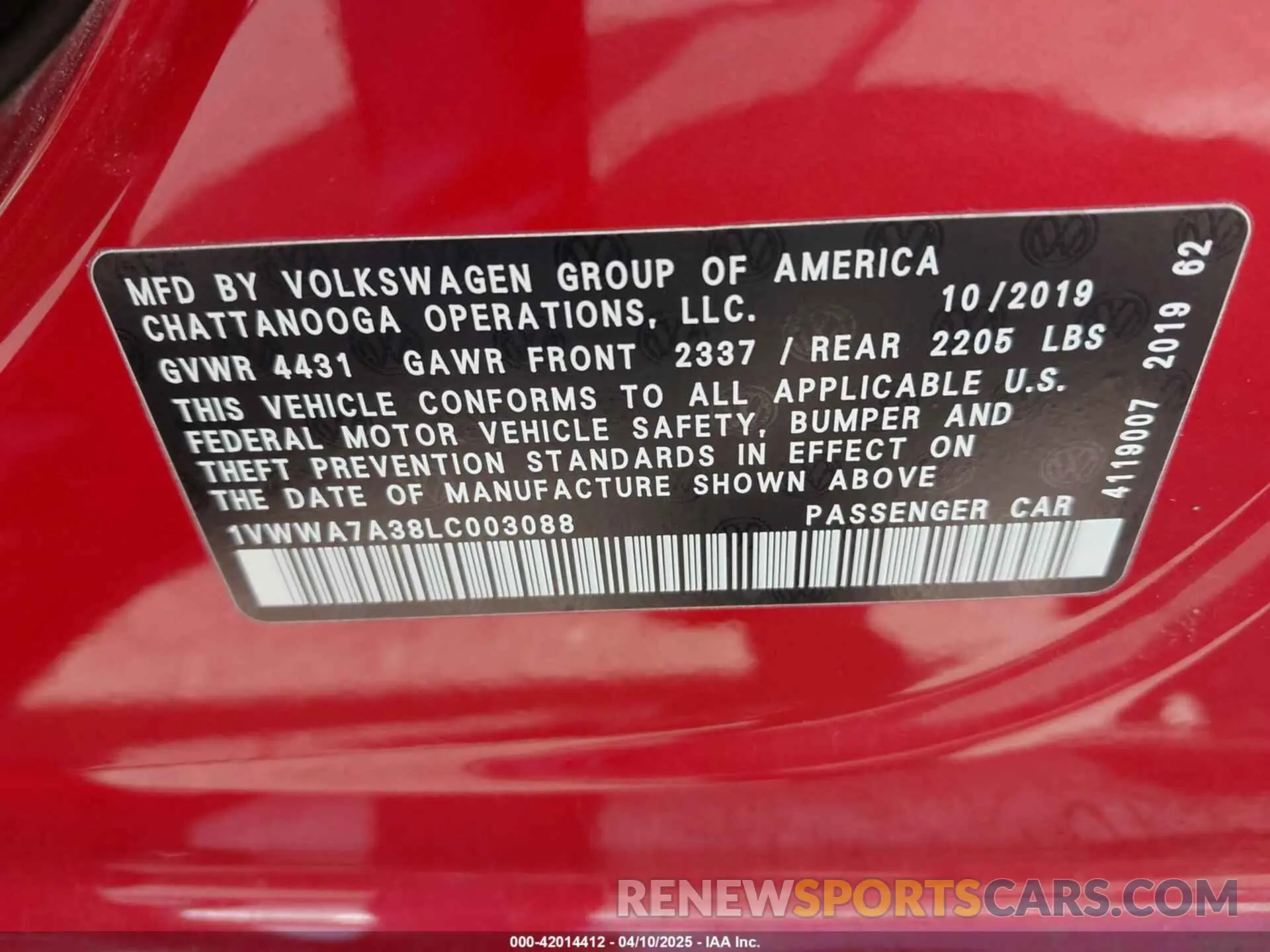 9 fotografías del automóvil dañado 1VWWA7A38LC003088 VOLKSWAGEN PASSAT 2020