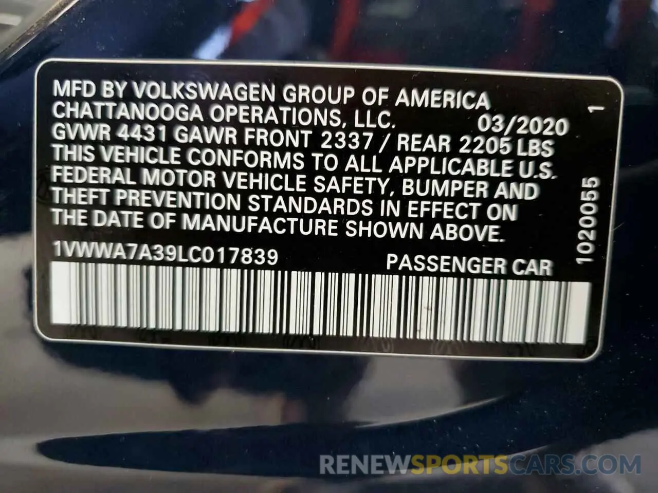12 fotografías del automóvil dañado 1VWWA7A39LC017839 VOLKSWAGEN PASSAT 2020