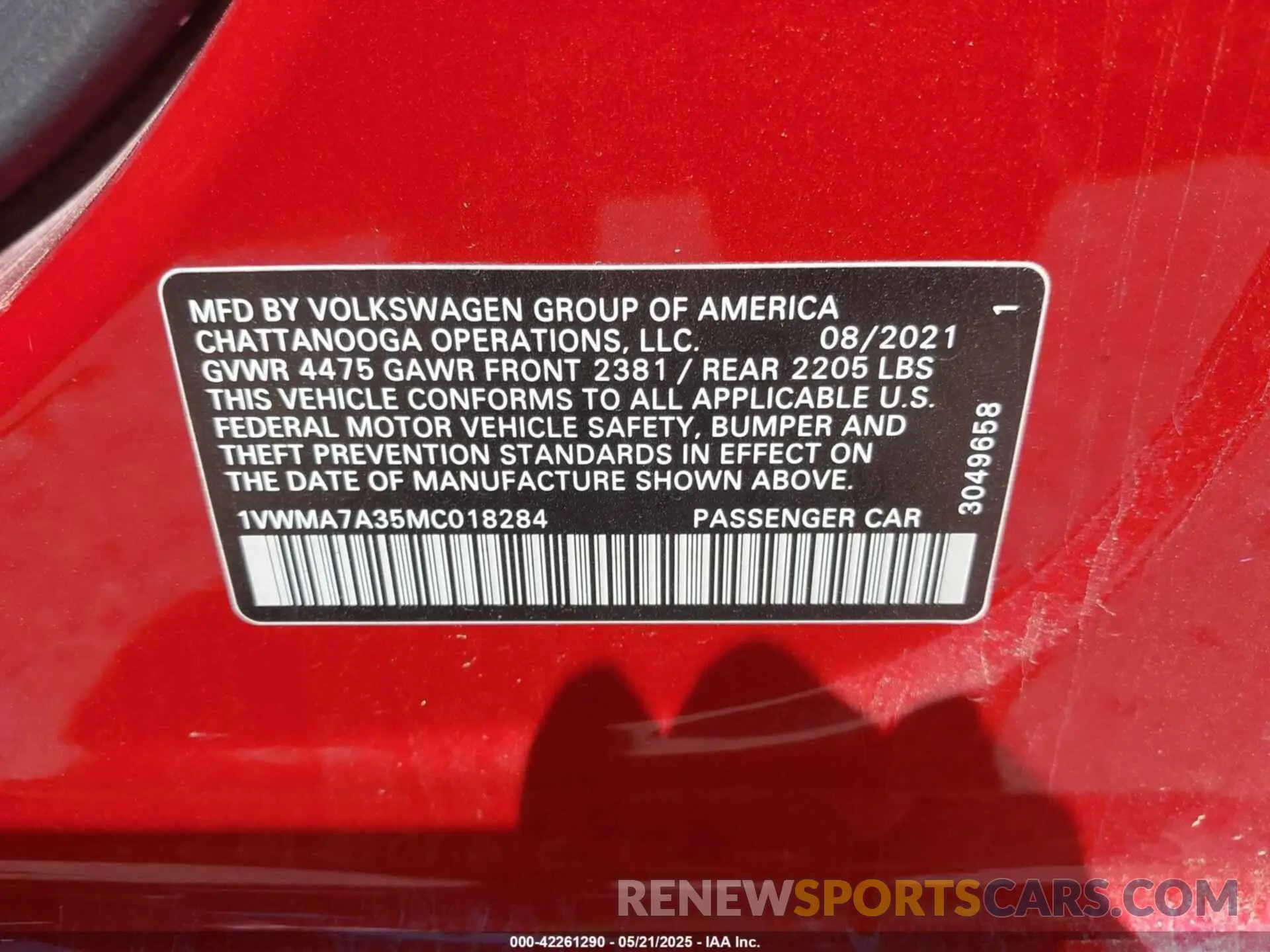 9 fotografías del automóvil dañado 1VWMA7A35MC018284 VOLKSWAGEN PASSAT 2021
