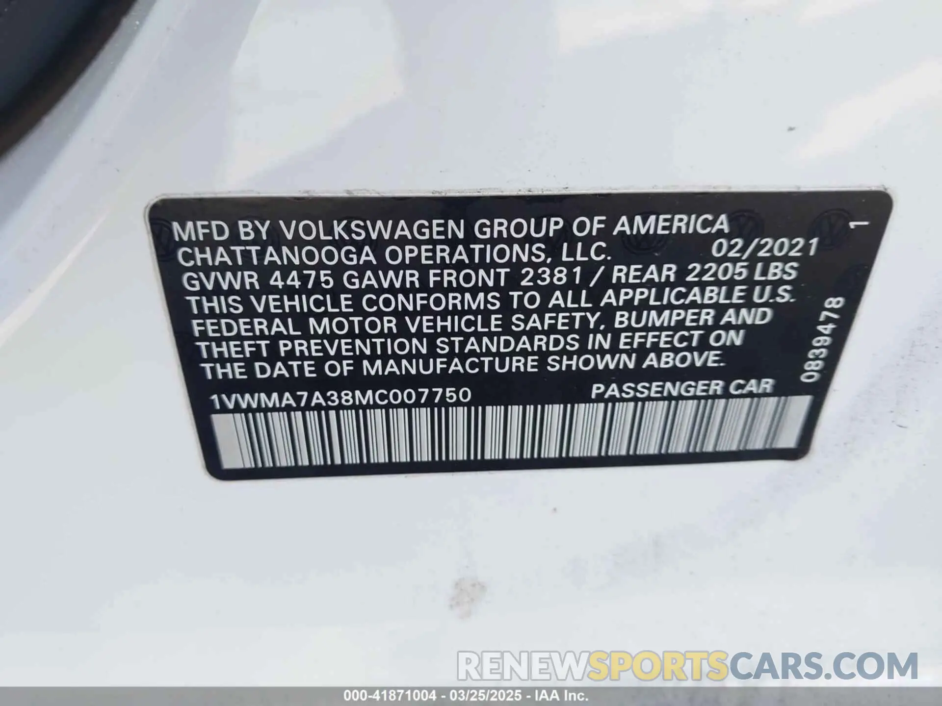 9 fotografías del automóvil dañado 1VWMA7A38MC007750 VOLKSWAGEN PASSAT 2021