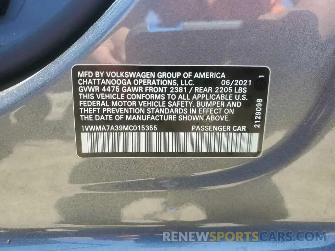 12 fotografías del automóvil dañado 1VWMA7A39MC015355 VOLKSWAGEN PASSAT 2021