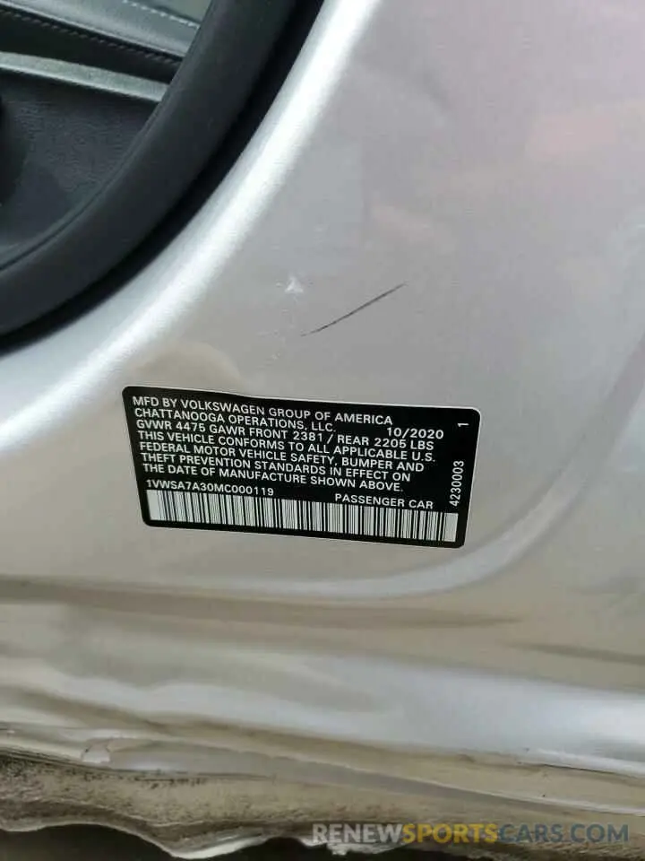 12 fotografías del automóvil dañado 1VWSA7A30MC000119 VOLKSWAGEN PASSAT 2021