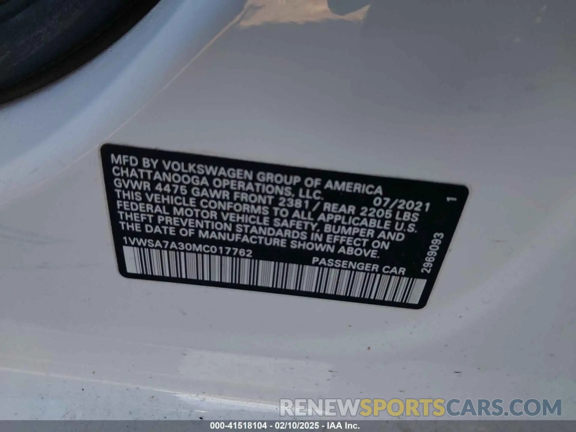 9 fotografías del automóvil dañado 1VWSA7A30MC017762 VOLKSWAGEN PASSAT 2021