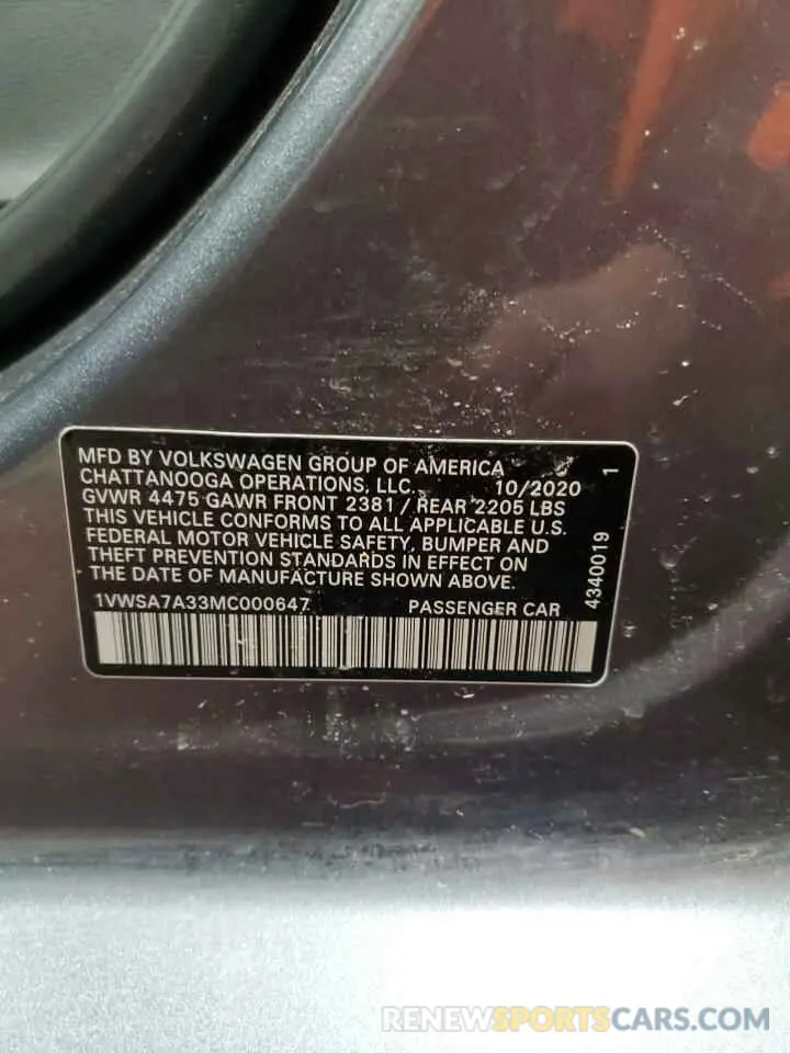 12 fotografías del automóvil dañado 1VWSA7A33MC000647 VOLKSWAGEN PASSAT 2021
