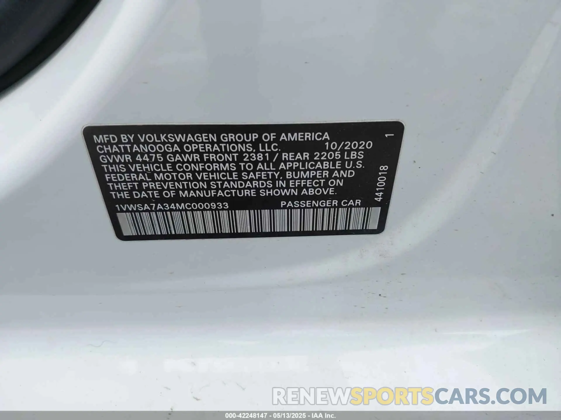 9 fotografías del automóvil dañado 1VWSA7A34MC000933 VOLKSWAGEN PASSAT 2021