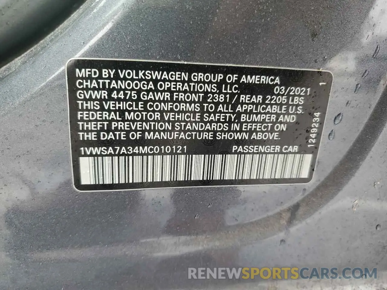 12 fotografías del automóvil dañado 1VWSA7A34MC010121 VOLKSWAGEN PASSAT 2021