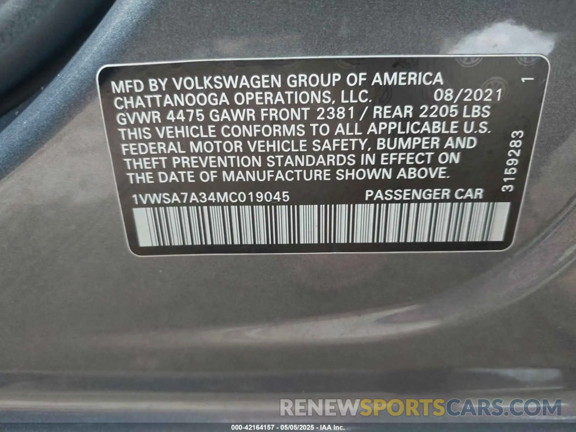 9 fotografías del automóvil dañado 1VWSA7A34MC019045 VOLKSWAGEN PASSAT 2021