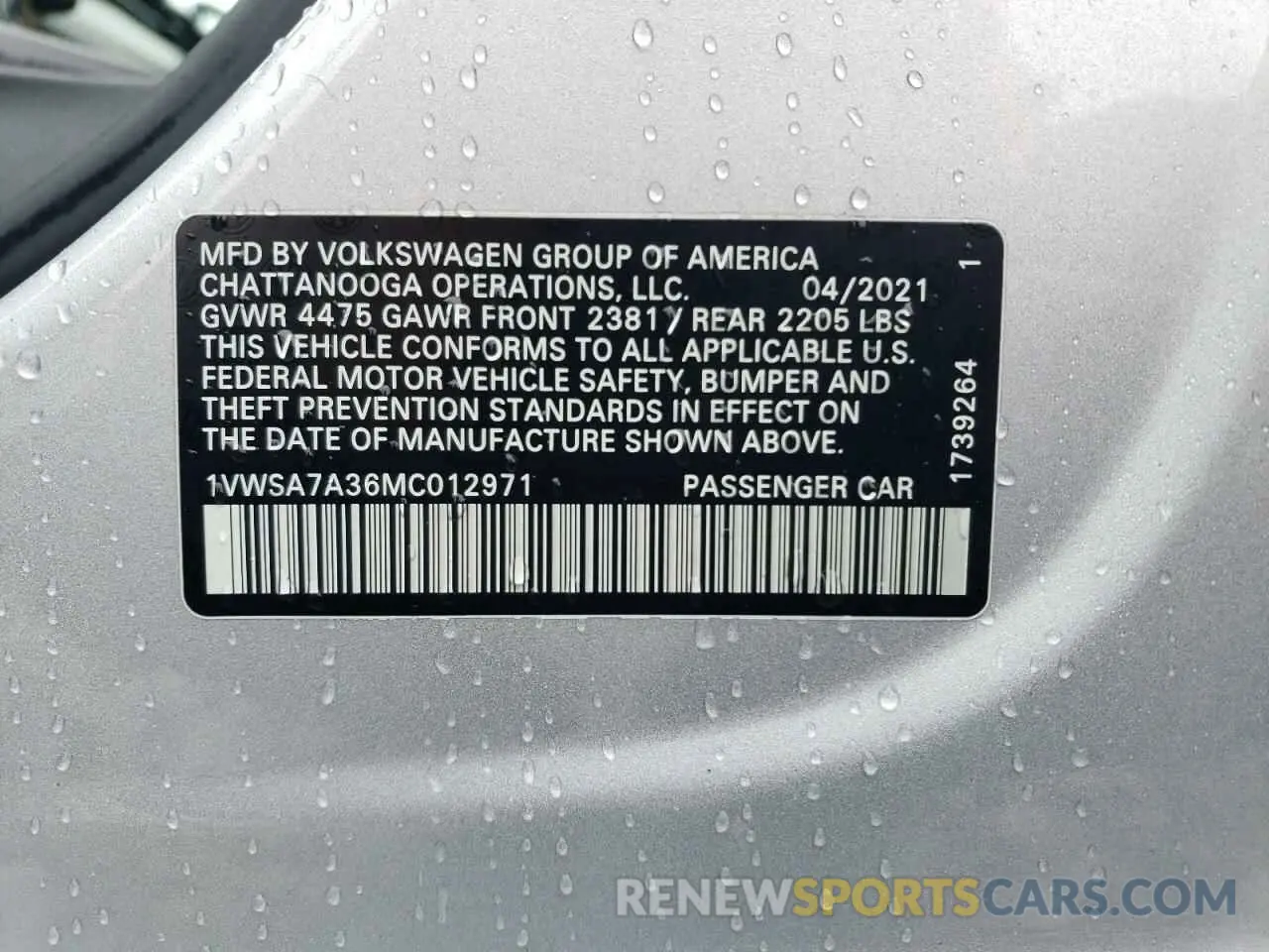 12 fotografías del automóvil dañado 1VWSA7A36MC012971 VOLKSWAGEN PASSAT 2021
