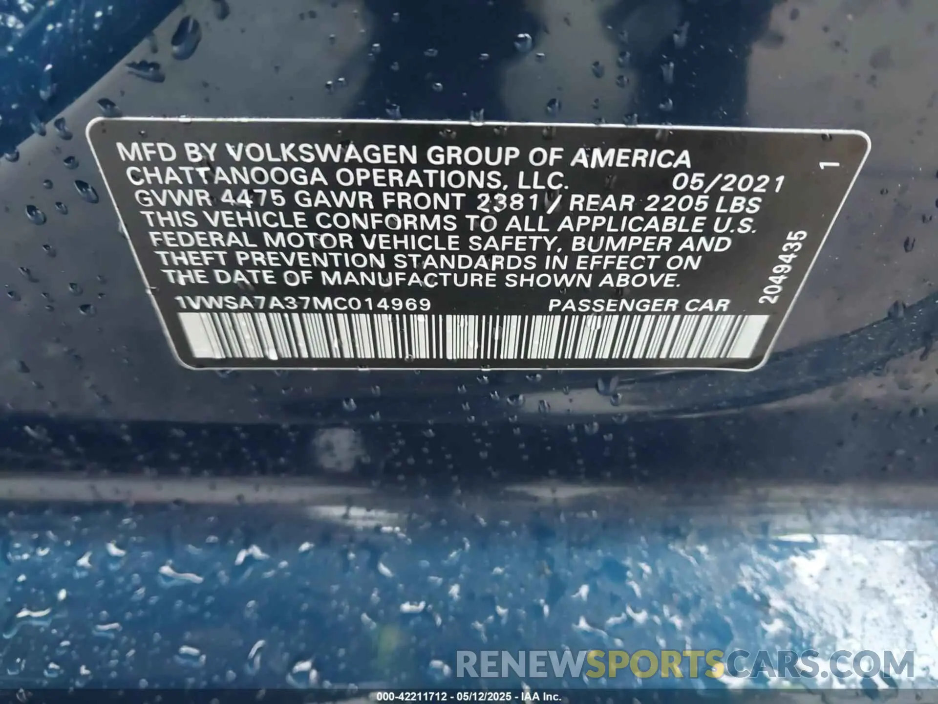 9 fotografías del automóvil dañado 1VWSA7A37MC014969 VOLKSWAGEN PASSAT 2021