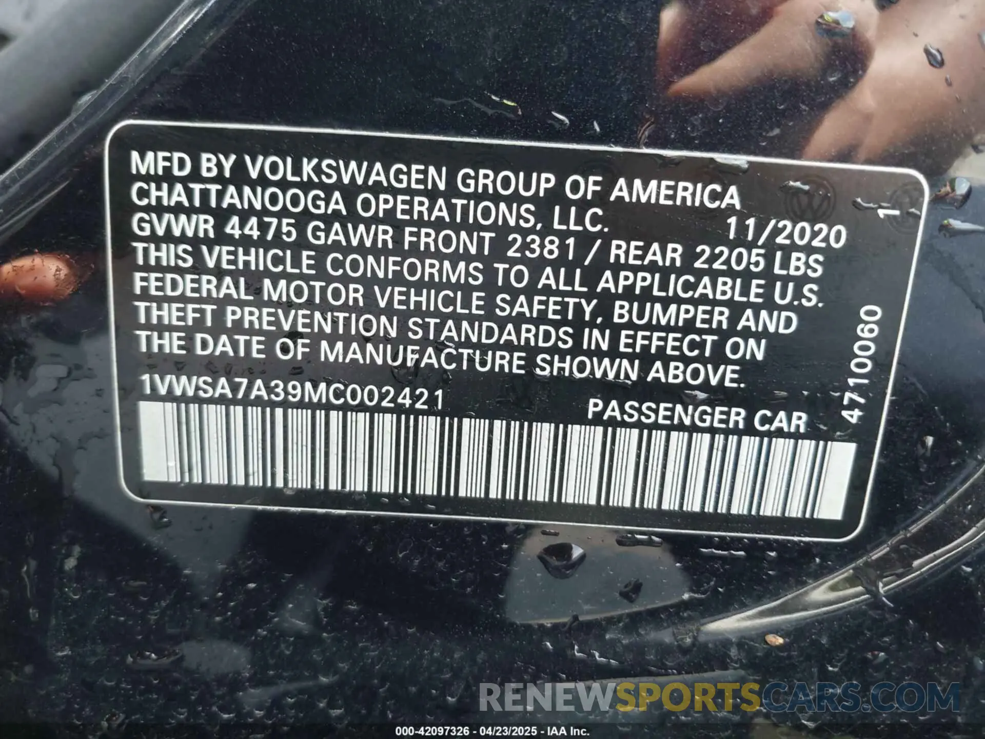 9 fotografías del automóvil dañado 1VWSA7A39MC002421 VOLKSWAGEN PASSAT 2021