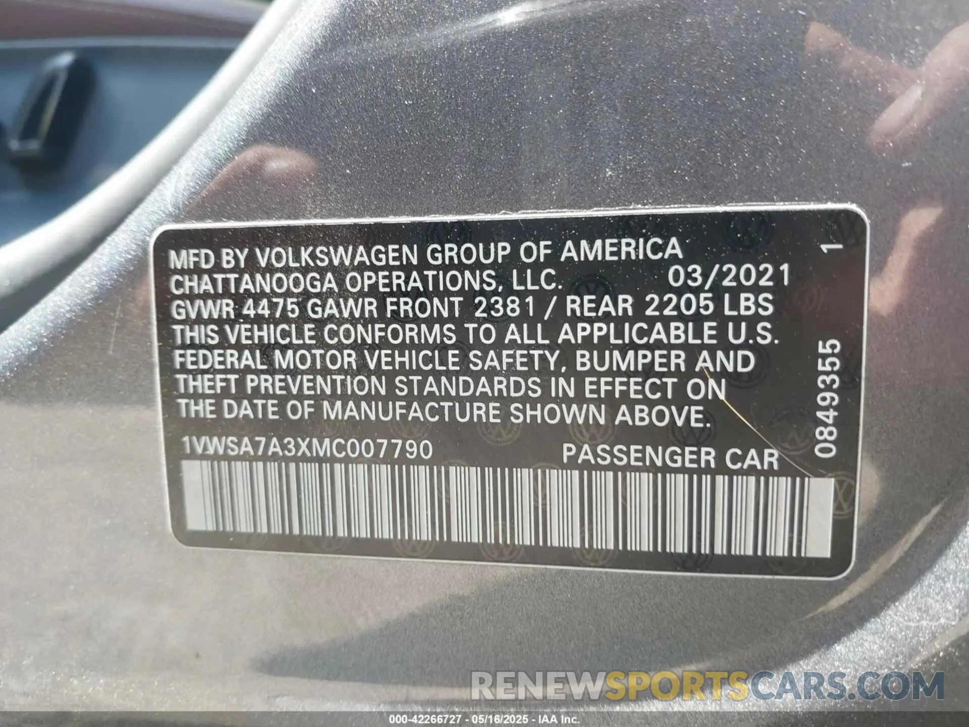 9 fotografías del automóvil dañado 1VWSA7A3XMC007790 VOLKSWAGEN PASSAT 2021