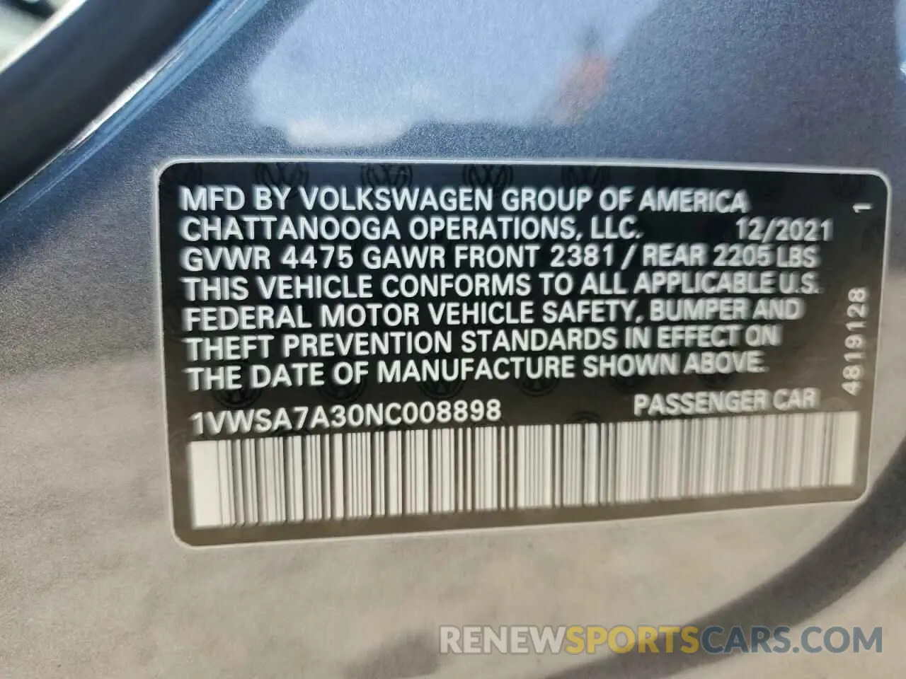13 fotografías del automóvil dañado 1VWSA7A30NC008898 VOLKSWAGEN PASSAT 2022