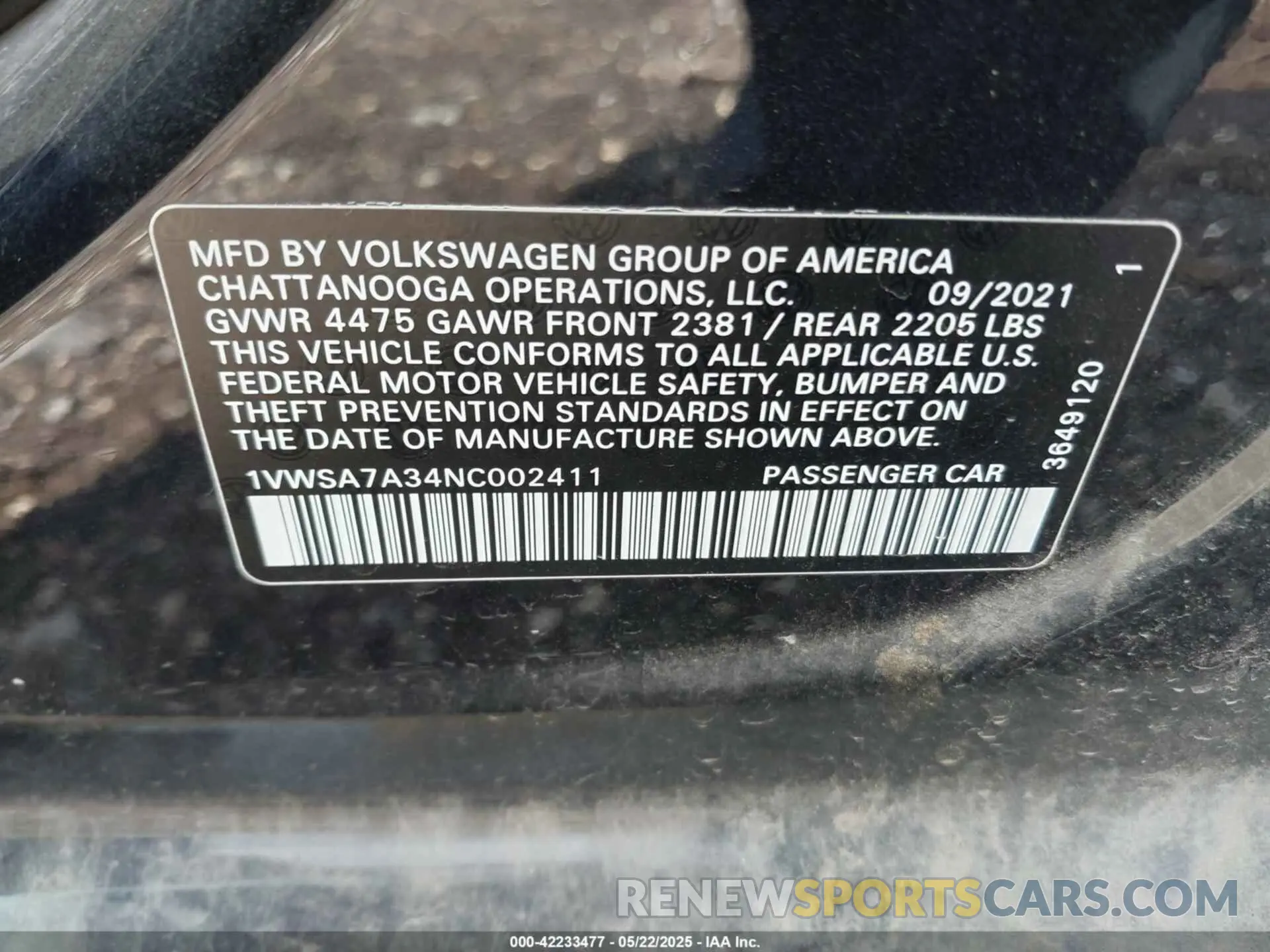 9 fotografías del automóvil dañado 1VWSA7A34NC002411 VOLKSWAGEN PASSAT 2022