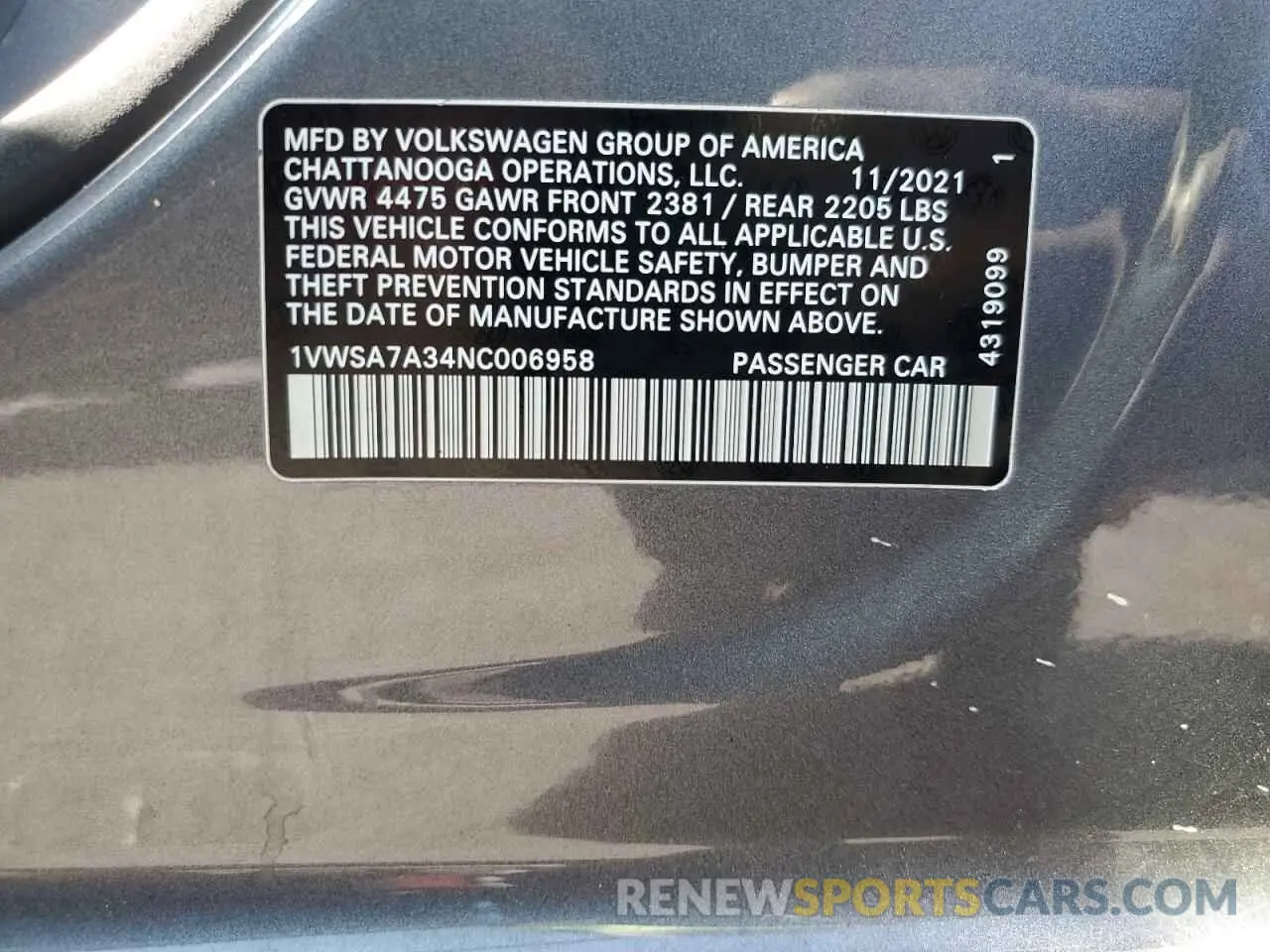 12 fotografías del automóvil dañado 1VWSA7A34NC006958 VOLKSWAGEN PASSAT 2022