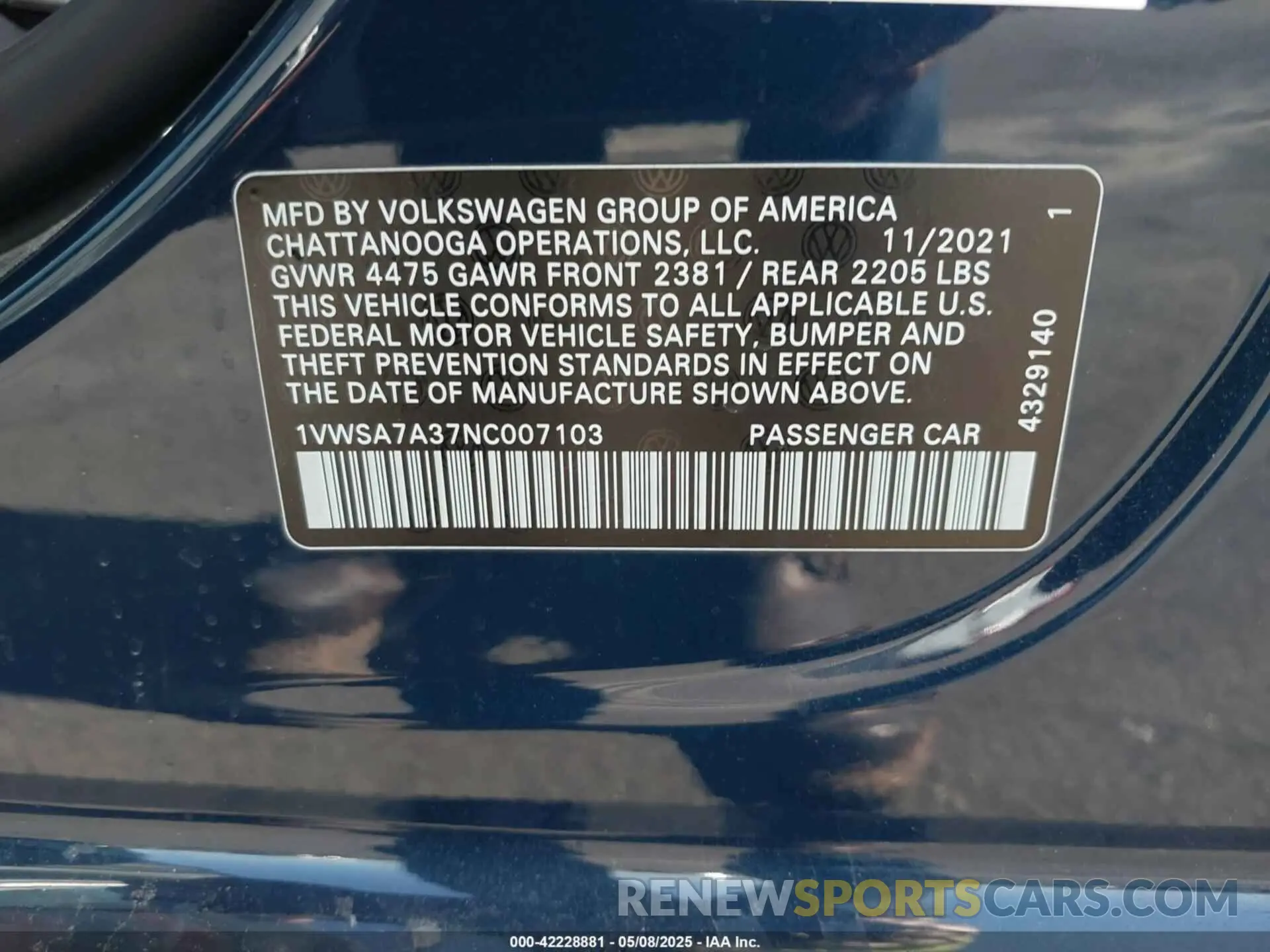 9 fotografías del automóvil dañado 1VWSA7A37NC007103 VOLKSWAGEN PASSAT 2022