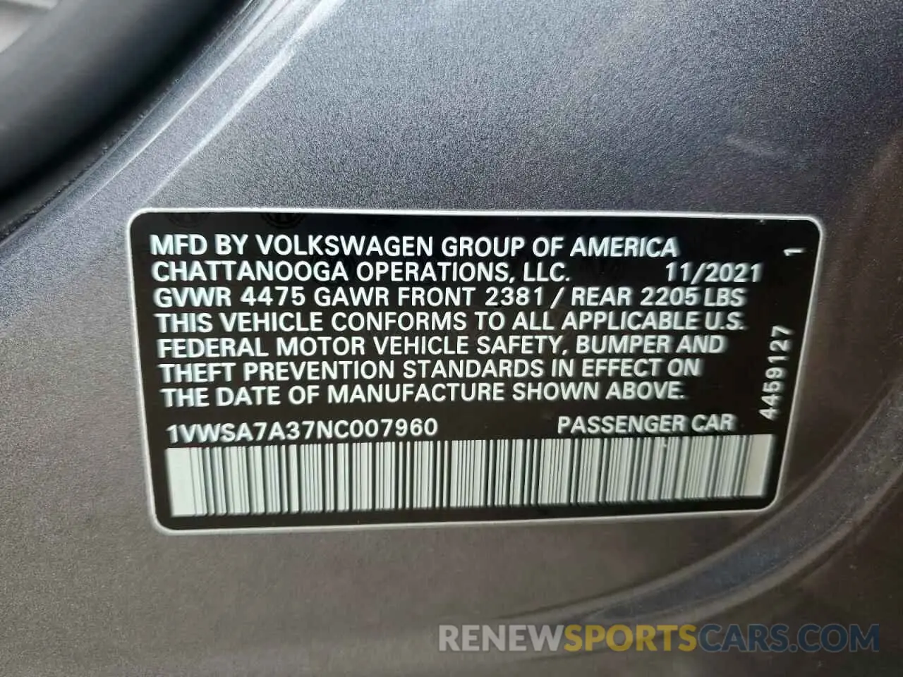 12 fotografías del automóvil dañado 1VWSA7A37NC007960 VOLKSWAGEN PASSAT 2022