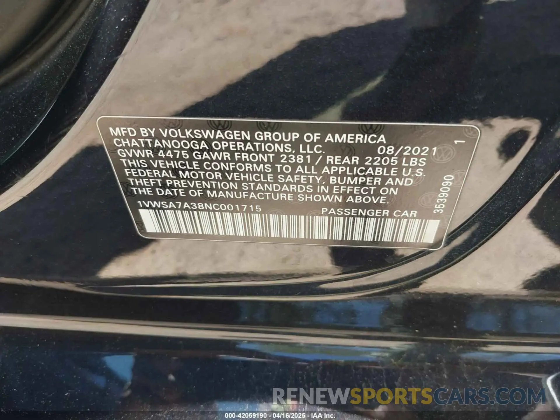 9 fotografías del automóvil dañado 1VWSA7A38NC001715 VOLKSWAGEN PASSAT 2022