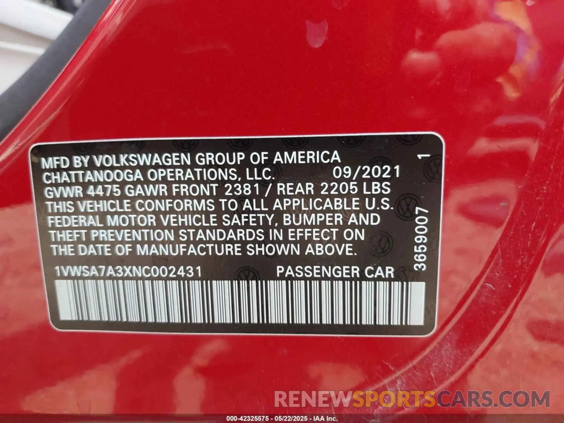 9 fotografías del automóvil dañado 1VWSA7A3XNC002431 VOLKSWAGEN PASSAT 2022