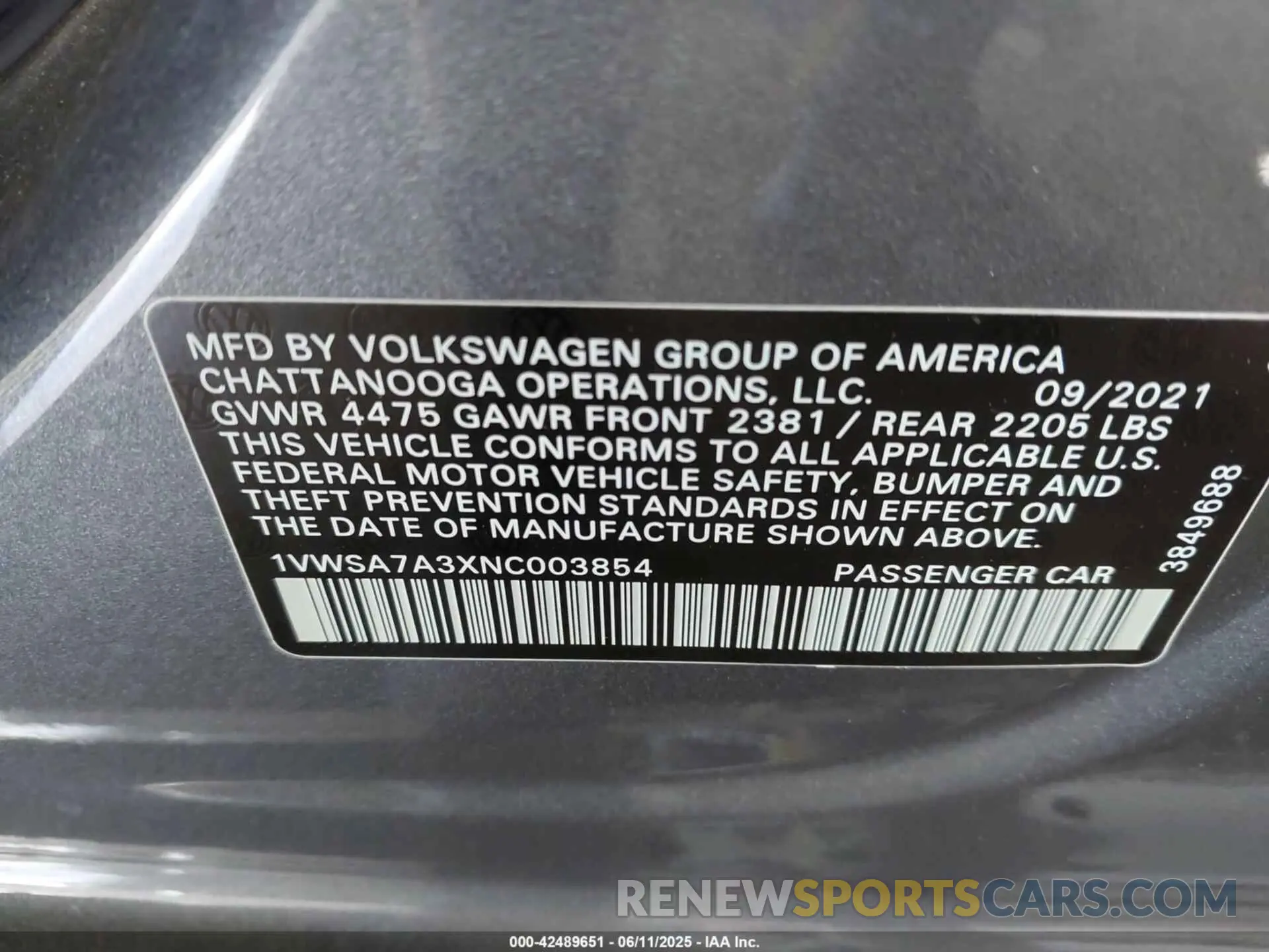 9 fotografías del automóvil dañado 1VWSA7A3XNC003854 VOLKSWAGEN PASSAT 2022
