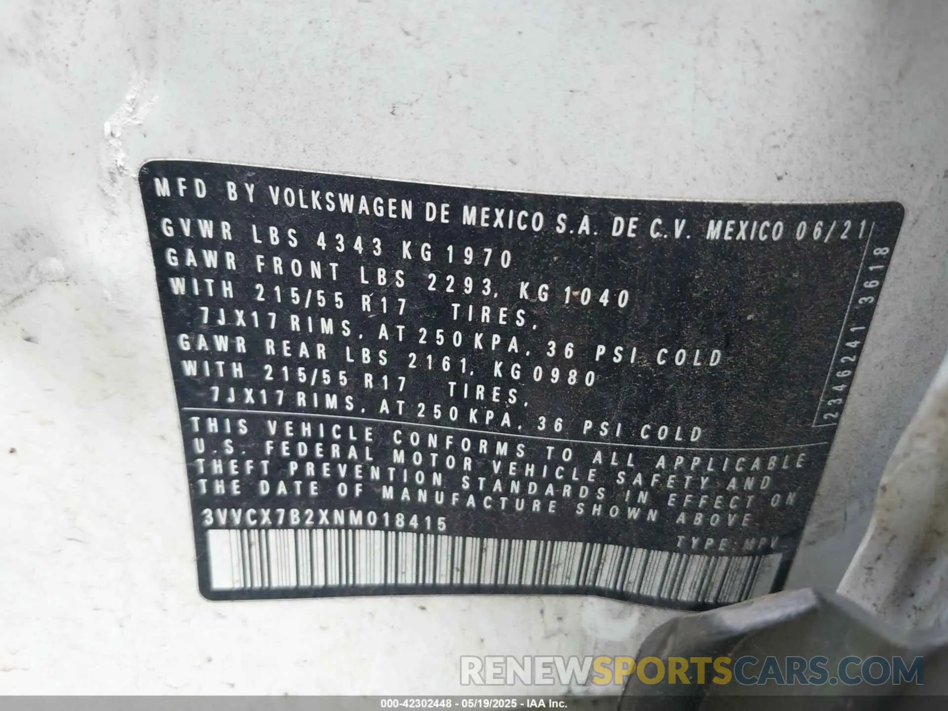 9 fotografías del automóvil dañado 3VVCX7B2XNM018415 VOLKSWAGEN TAOS 2022