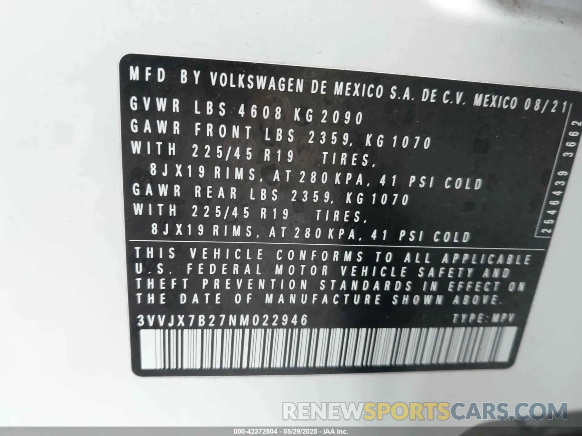 9 fotografías del automóvil dañado 3VVJX7B27NM022946 VOLKSWAGEN TAOS 2022