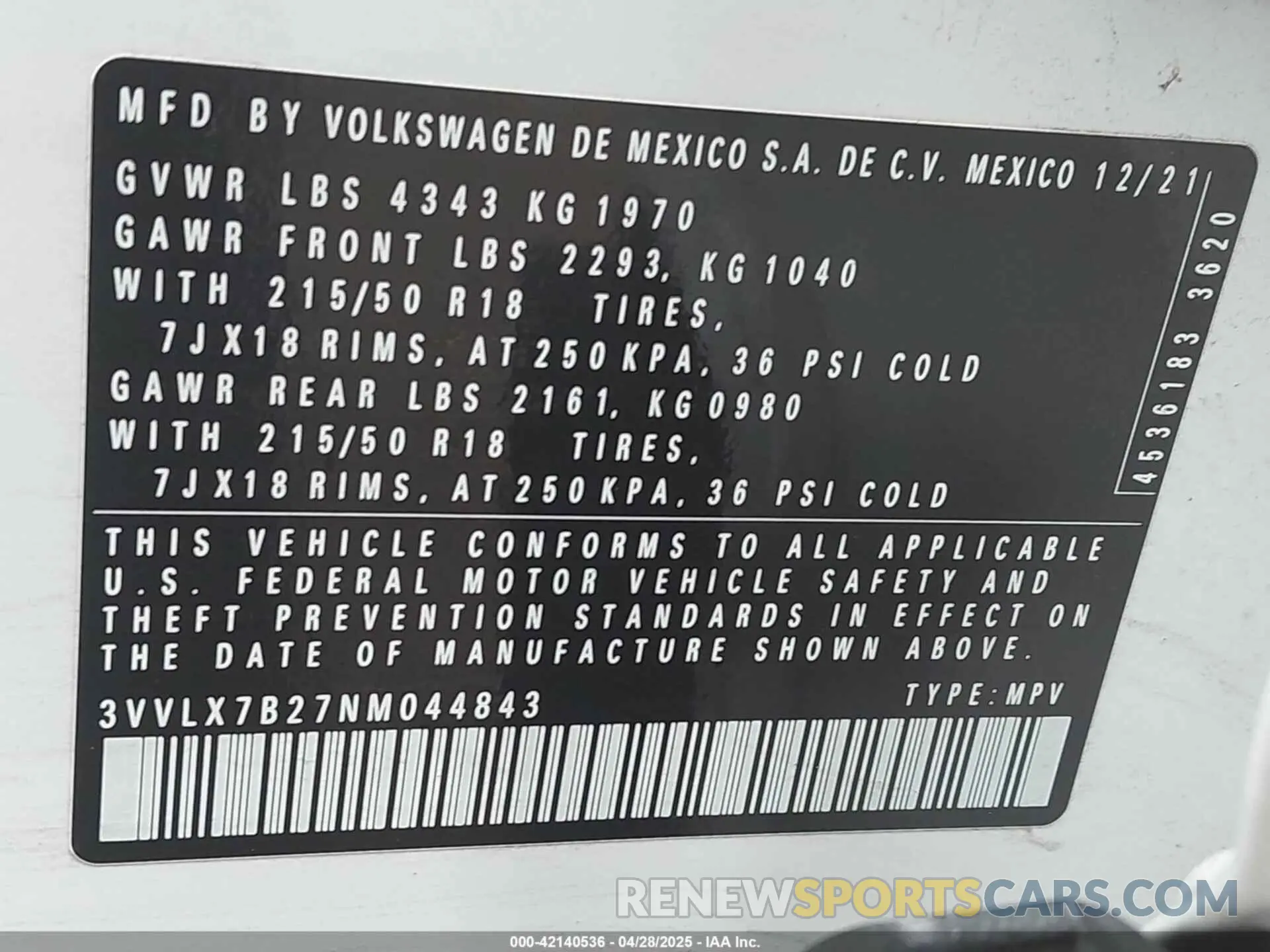9 fotografías del automóvil dañado 3VVLX7B27NM044843 VOLKSWAGEN TAOS 2022