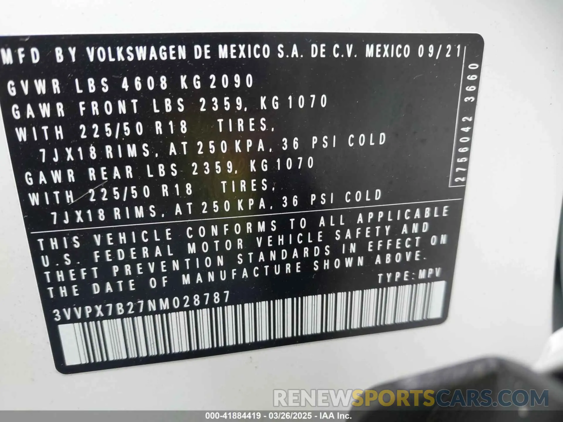 9 fotografías del automóvil dañado 3VVPX7B27NM028787 VOLKSWAGEN TAOS 2022