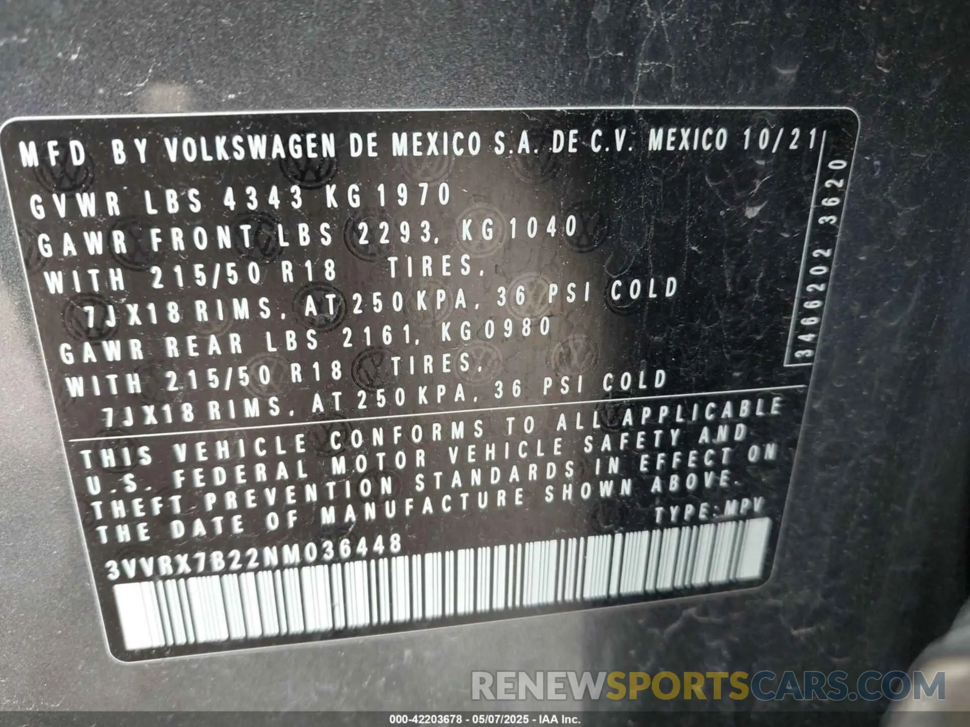 9 fotografías del automóvil dañado 3VVRX7B22NM036448 VOLKSWAGEN TAOS 2022