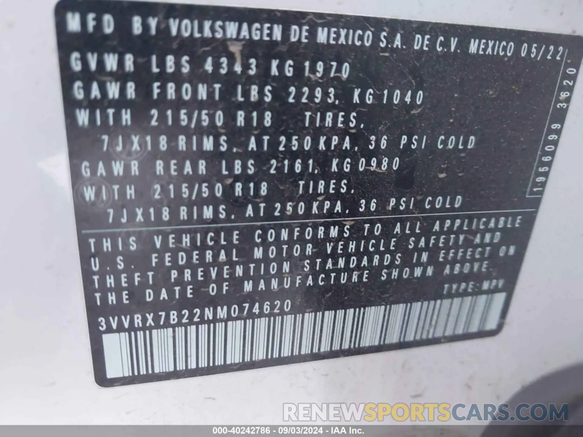 9 fotografías del automóvil dañado 3VVRX7B22NM074620 VOLKSWAGEN TAOS 2022
