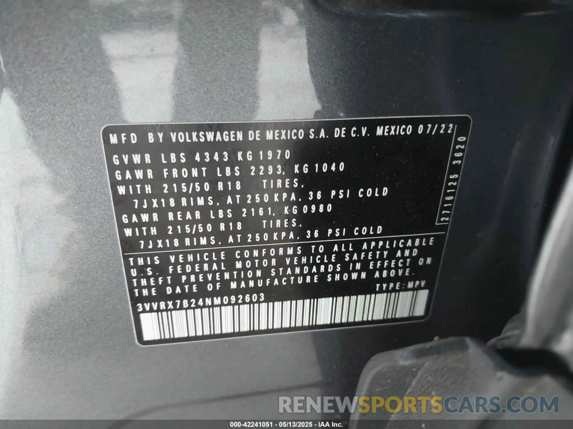 9 fotografías del automóvil dañado 3VVRX7B24NM092603 VOLKSWAGEN TAOS 2022