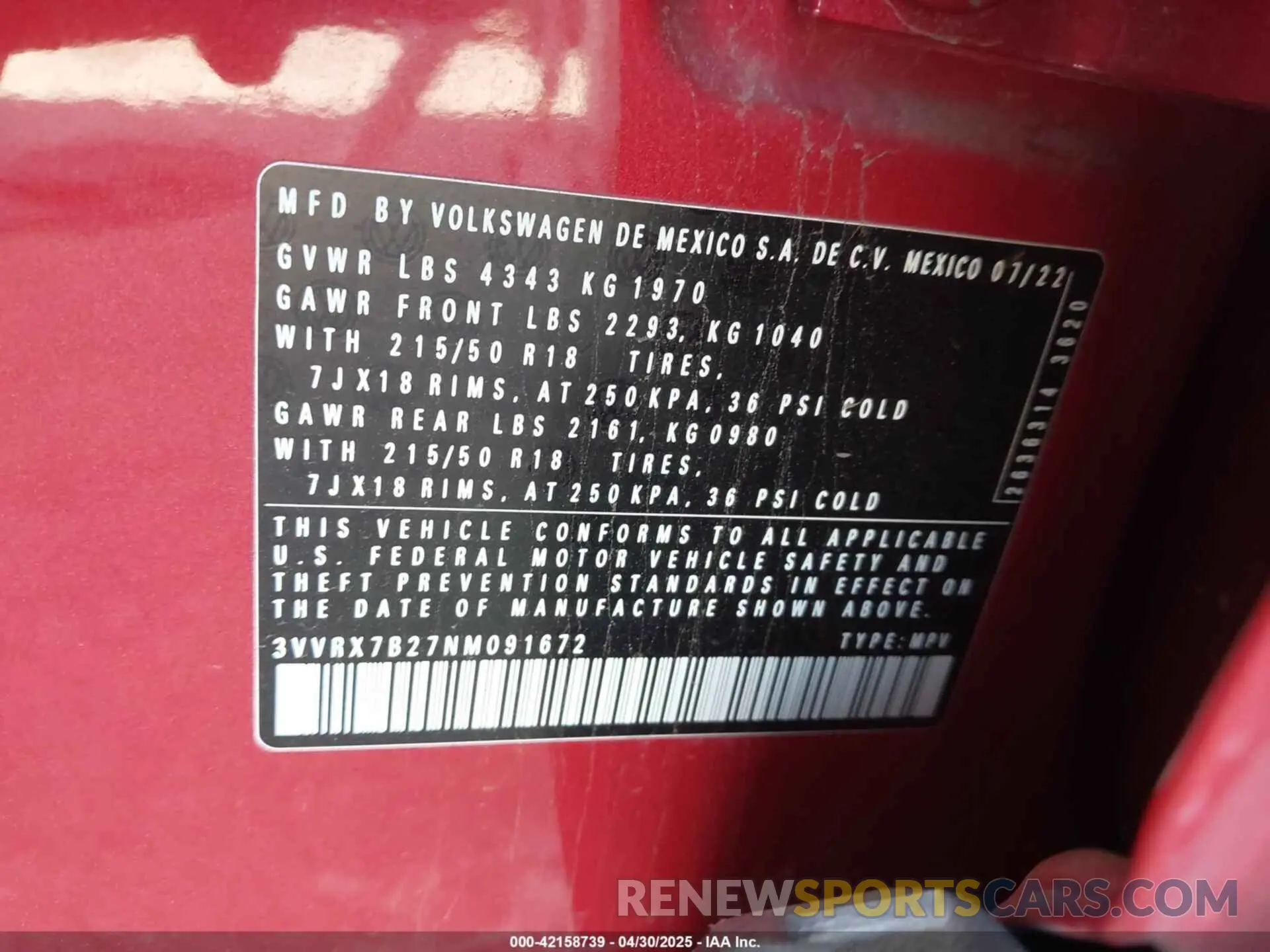 9 fotografías del automóvil dañado 3VVRX7B27NM091672 VOLKSWAGEN TAOS 2022
