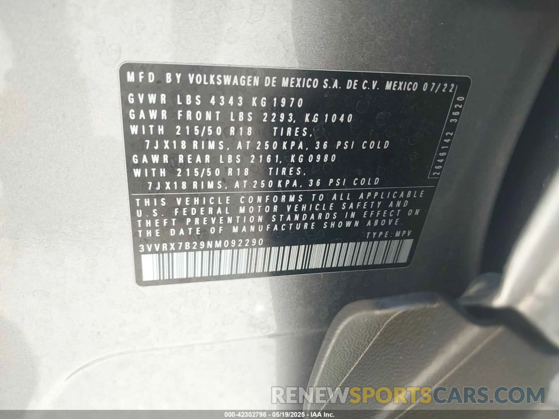 9 fotografías del automóvil dañado 3VVRX7B29NM092290 VOLKSWAGEN TAOS 2022
