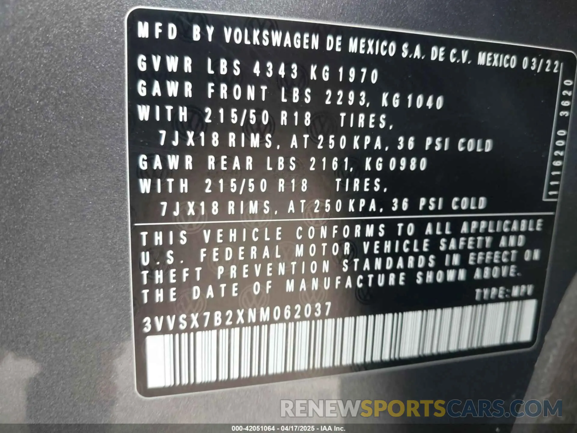 9 fotografías del automóvil dañado 3VVSX7B2XNM062037 VOLKSWAGEN TAOS 2022