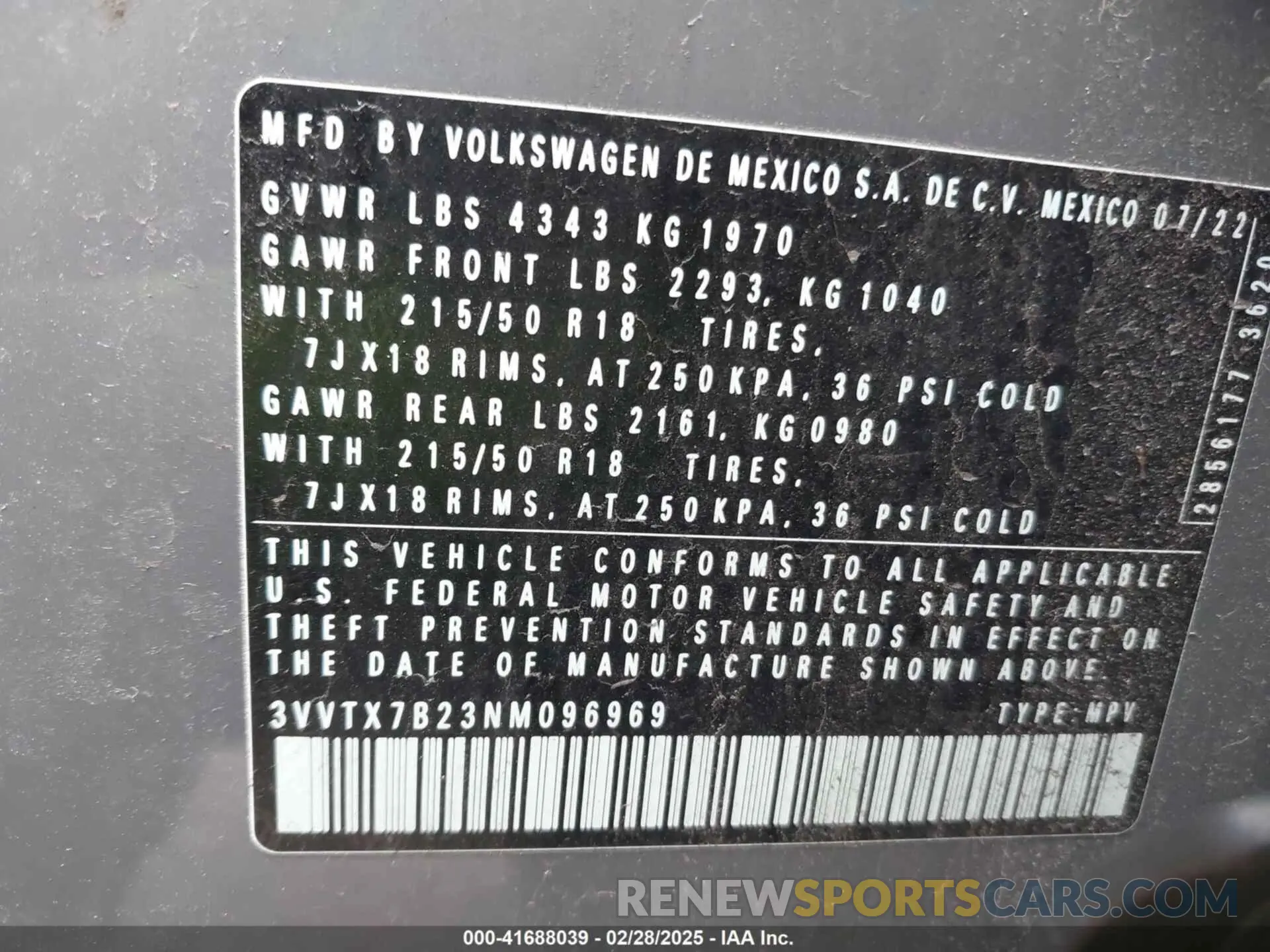 9 fotografías del automóvil dañado 3VVTX7B23NM096969 VOLKSWAGEN TAOS 2022