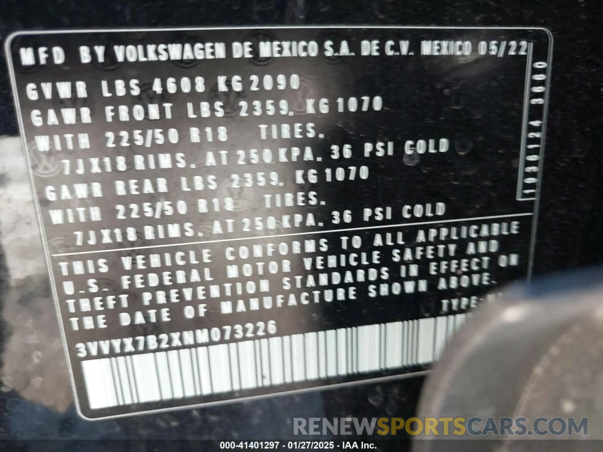 9 fotografías del automóvil dañado 3VVYX7B2XNM073226 VOLKSWAGEN TAOS 2022