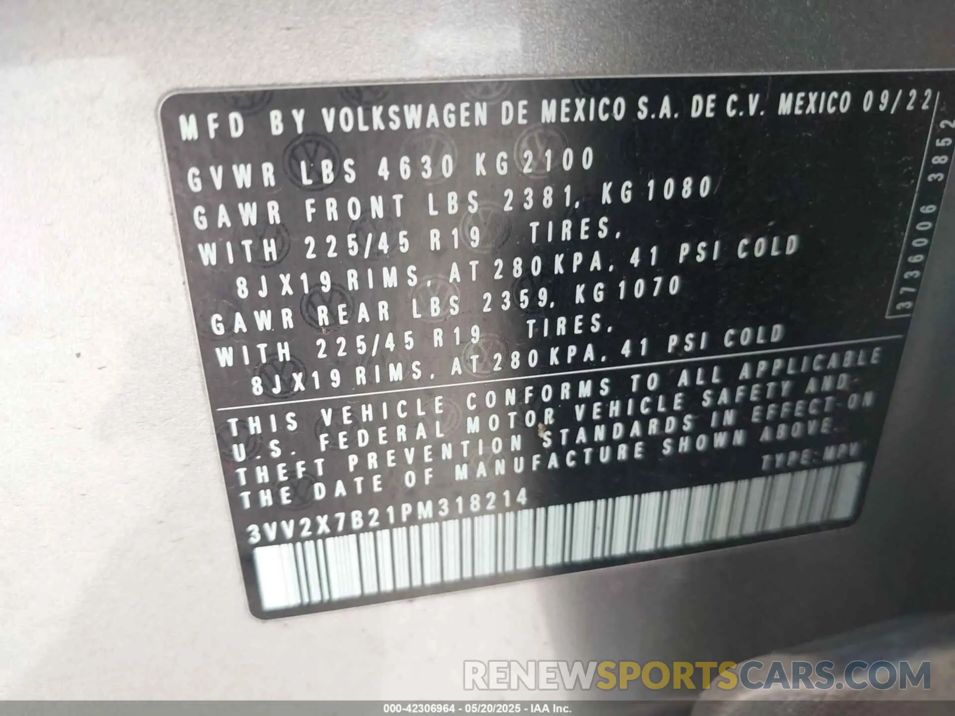 9 fotografías del automóvil dañado 3VV2X7B21PM318214 VOLKSWAGEN TAOS 2023