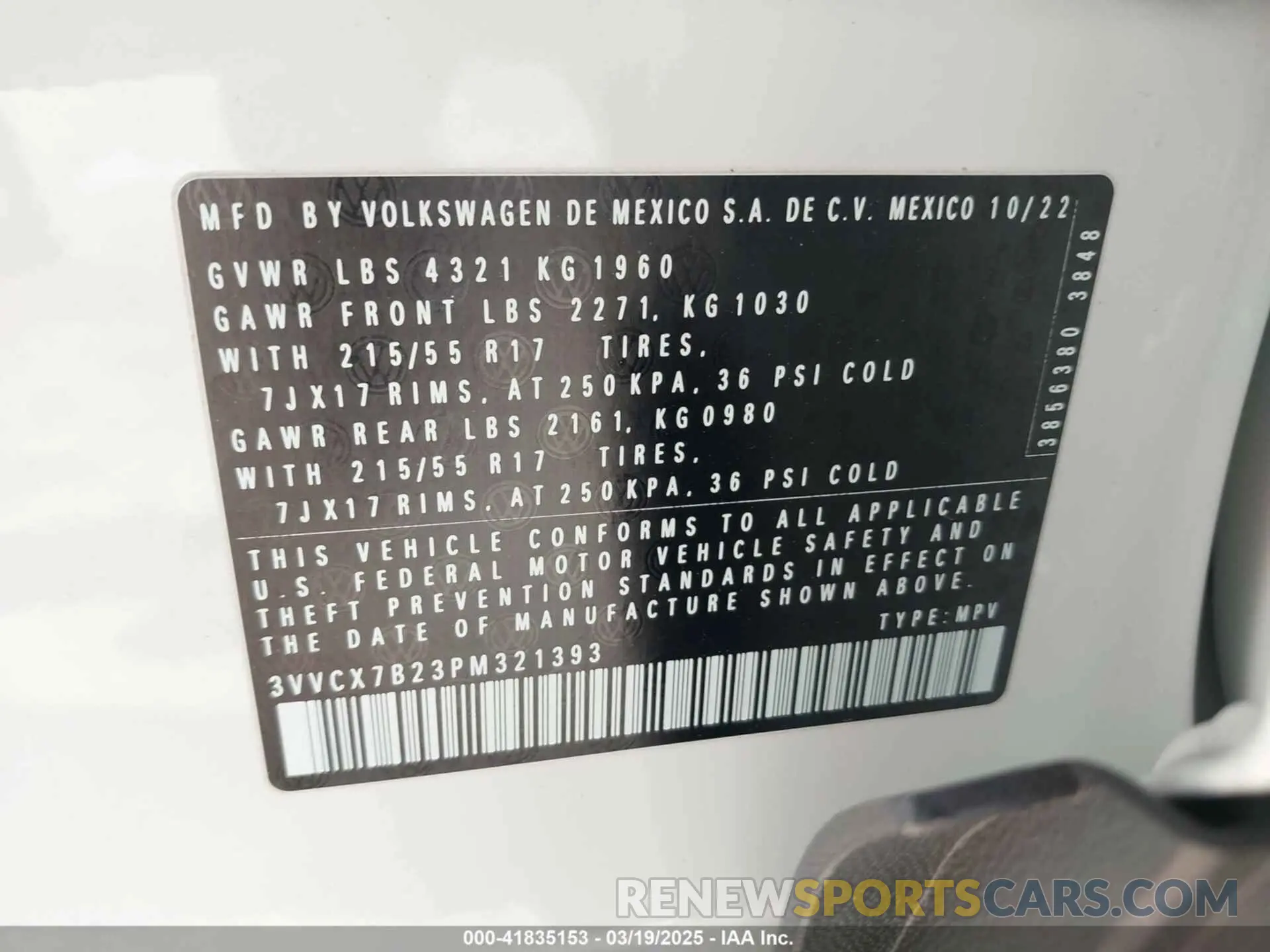 9 fotografías del automóvil dañado 3VVCX7B23PM321393 VOLKSWAGEN TAOS 2023