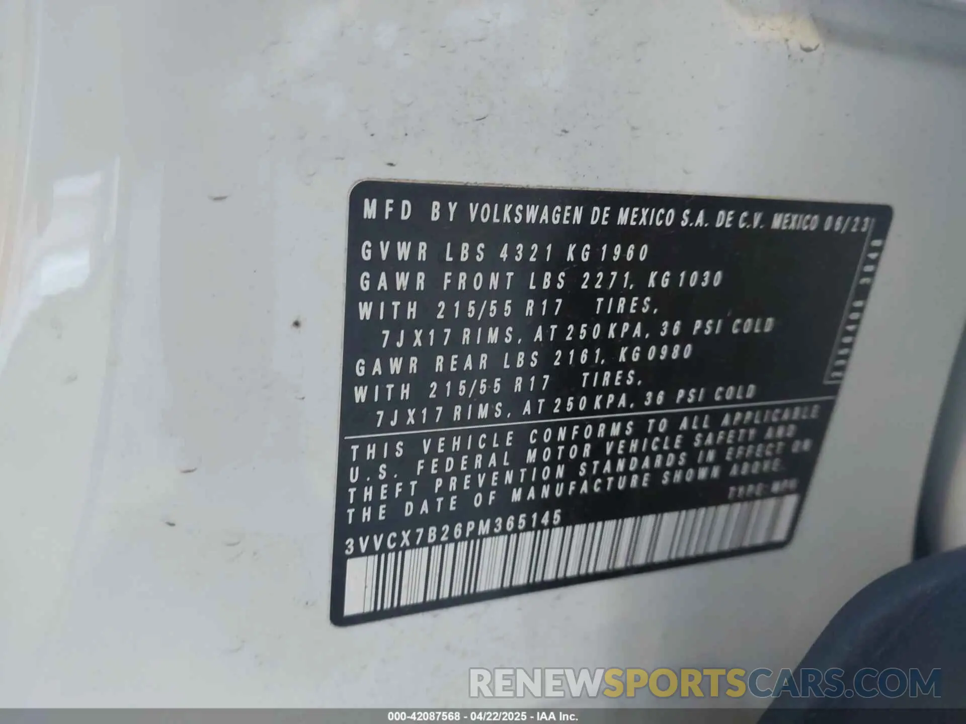 9 fotografías del automóvil dañado 3VVCX7B26PM365145 VOLKSWAGEN TAOS 2023