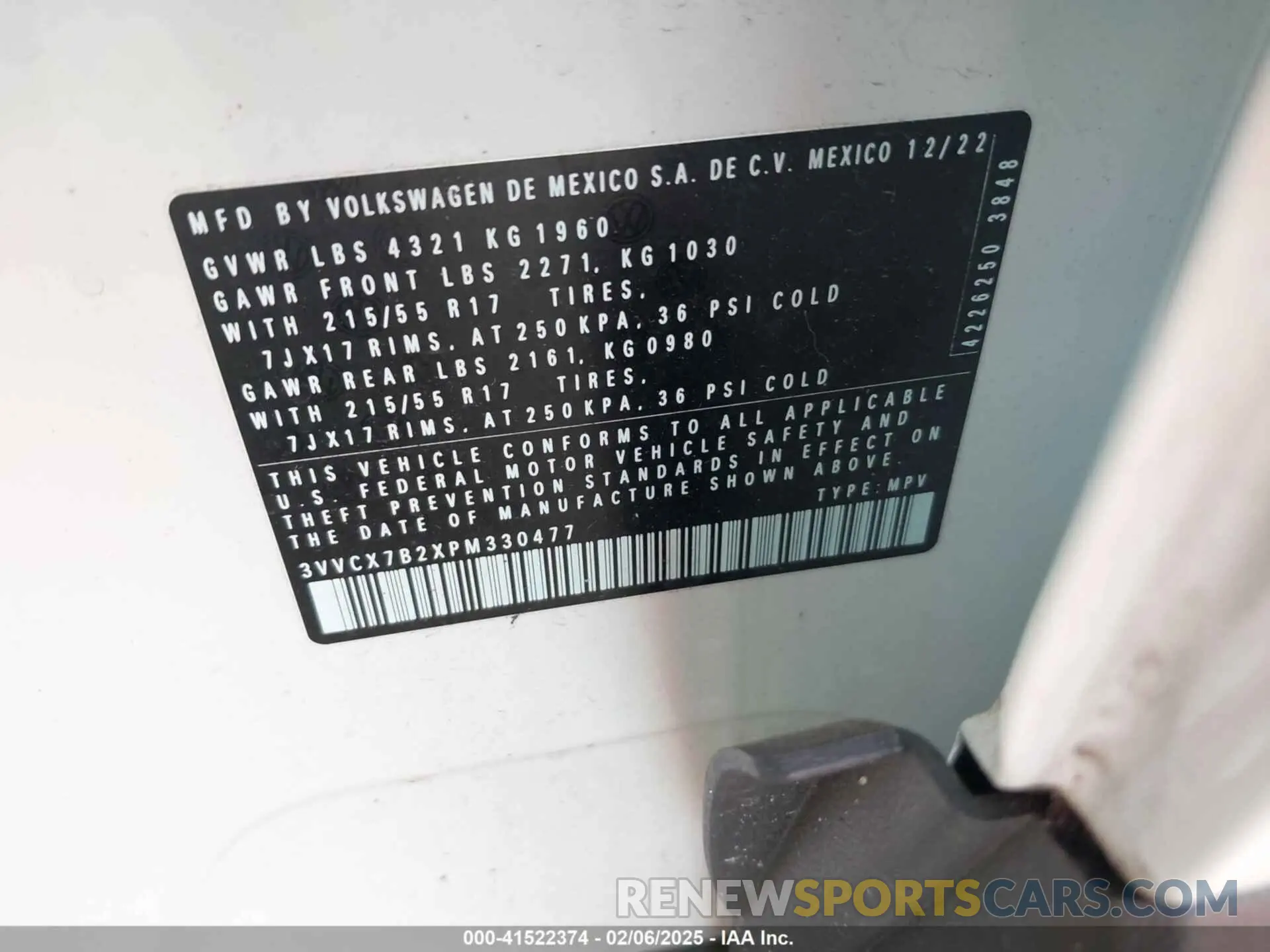 9 fotografías del automóvil dañado 3VVCX7B2XPM330477 VOLKSWAGEN TAOS 2023
