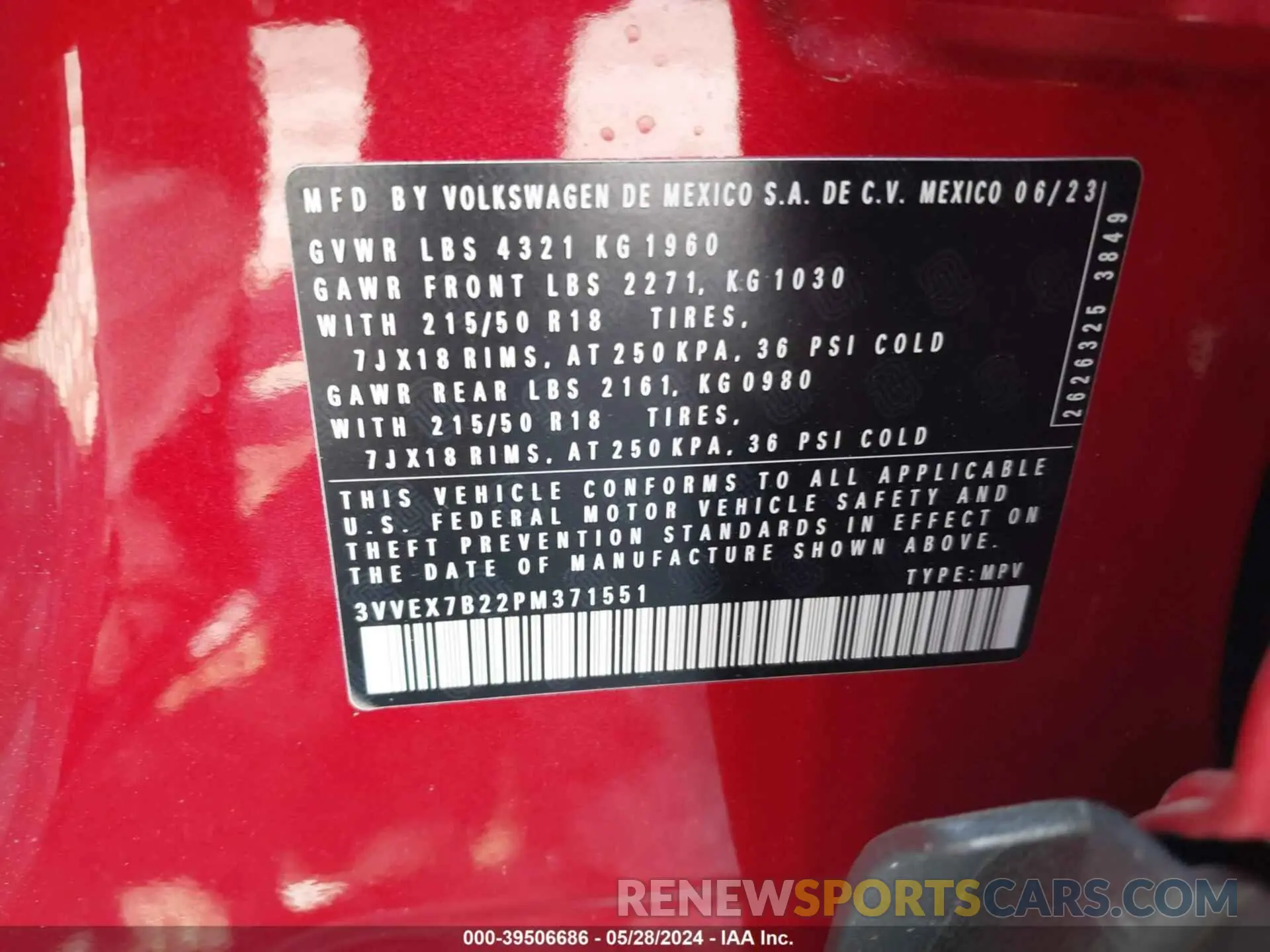 9 fotografías del automóvil dañado 3VVEX7B22PM371551 VOLKSWAGEN TAOS 2023