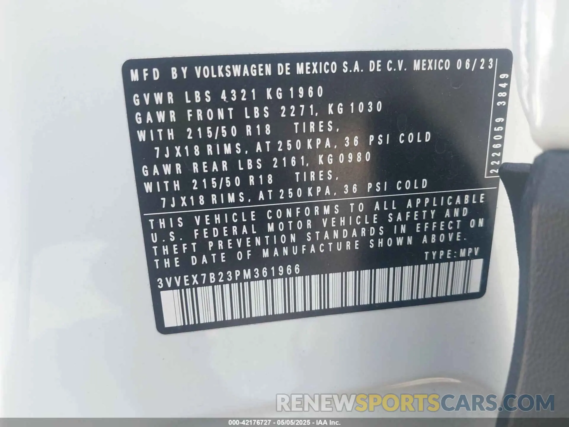 9 fotografías del automóvil dañado 3VVEX7B23PM361966 VOLKSWAGEN TAOS 2023