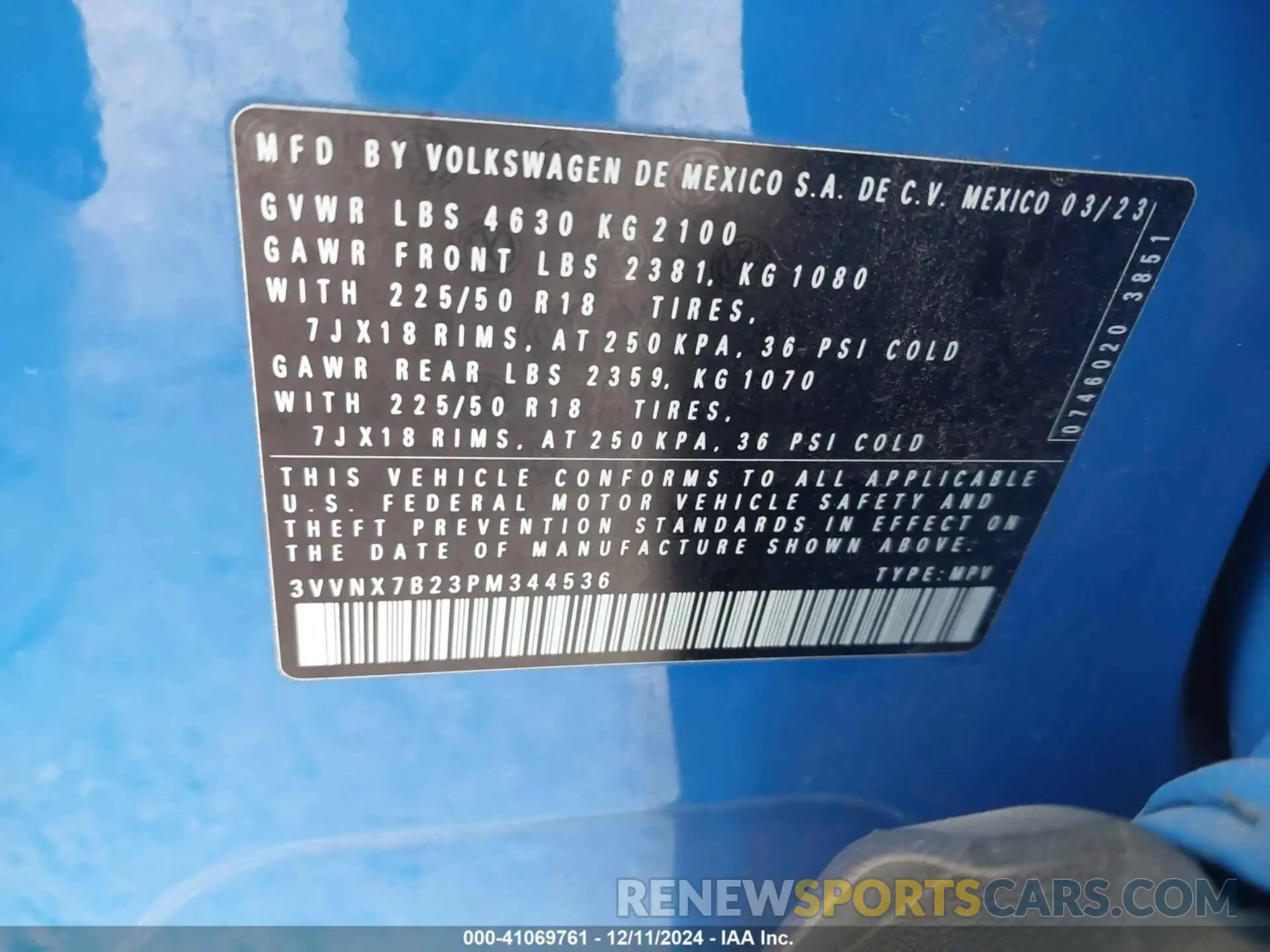 9 fotografías del automóvil dañado 3VVNX7B23PM344536 VOLKSWAGEN TAOS 2023