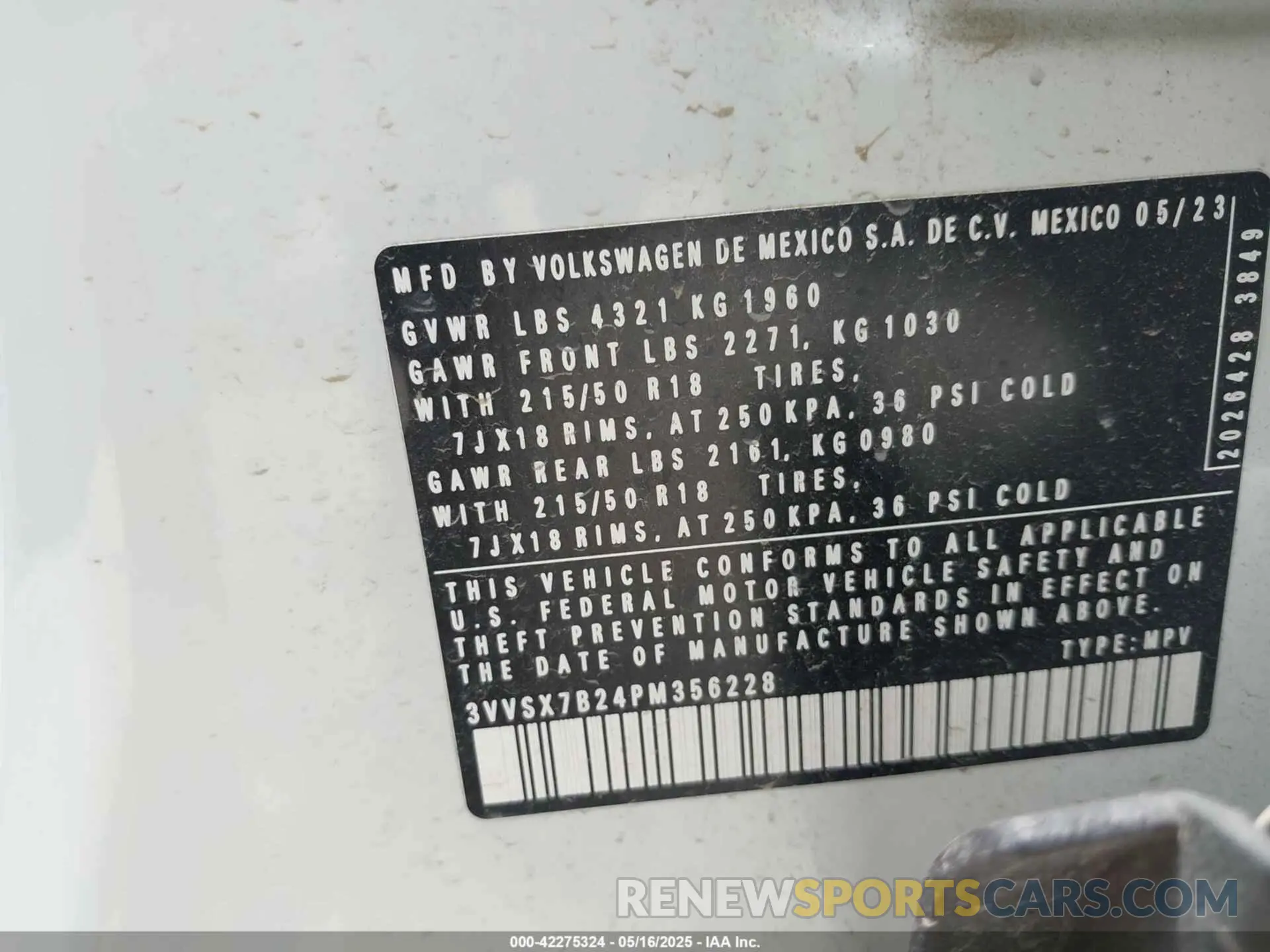 9 fotografías del automóvil dañado 3VVSX7B24PM356228 VOLKSWAGEN TAOS 2023