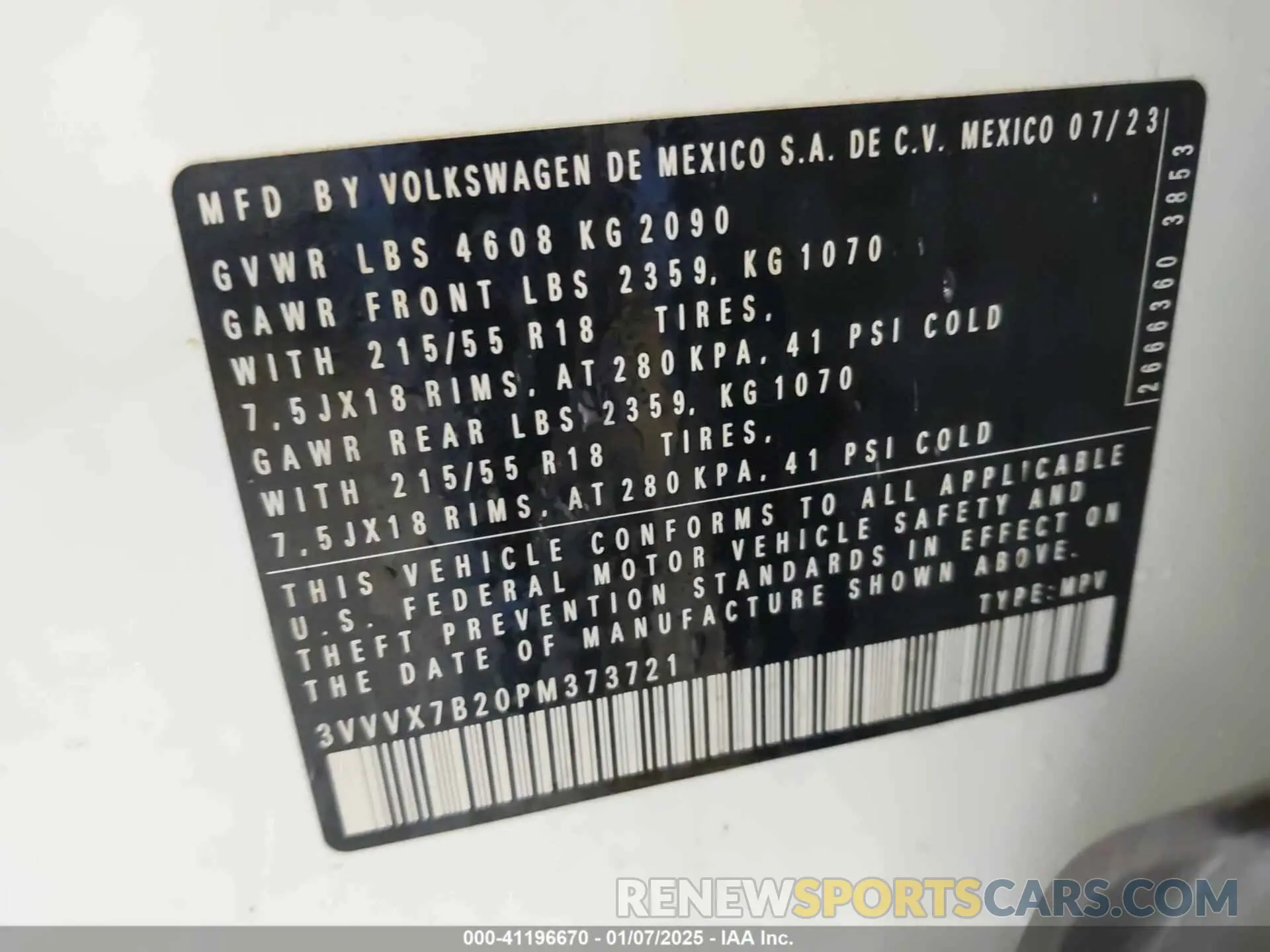 9 fotografías del automóvil dañado 3VVVX7B20PM373721 VOLKSWAGEN TAOS 2023